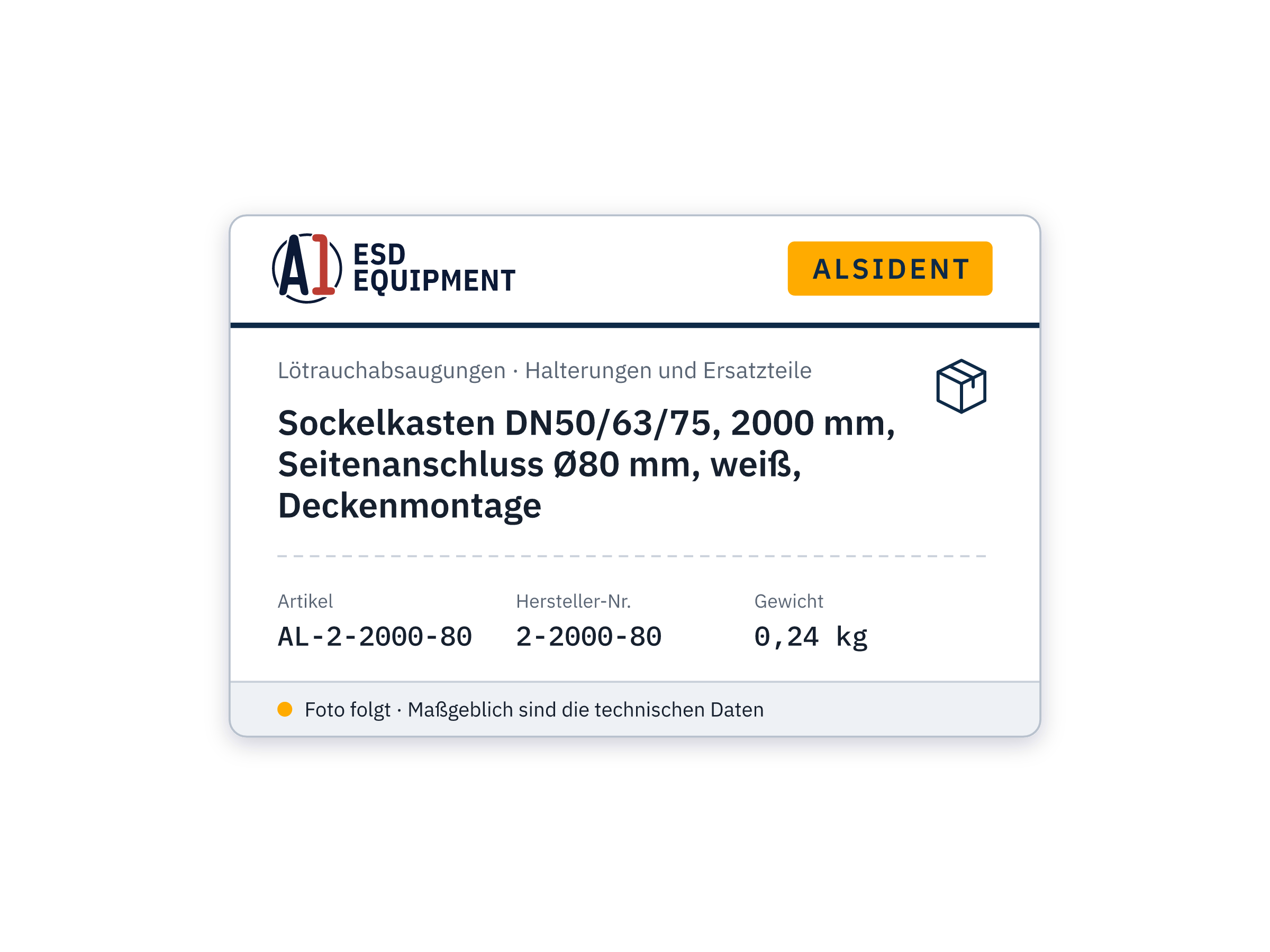 Sockelkasten DN50/63/75, 2000 mm, Seitenanschluss Ø80 mm, weiß, Deckenmontage - Alsident 2-2000-80
