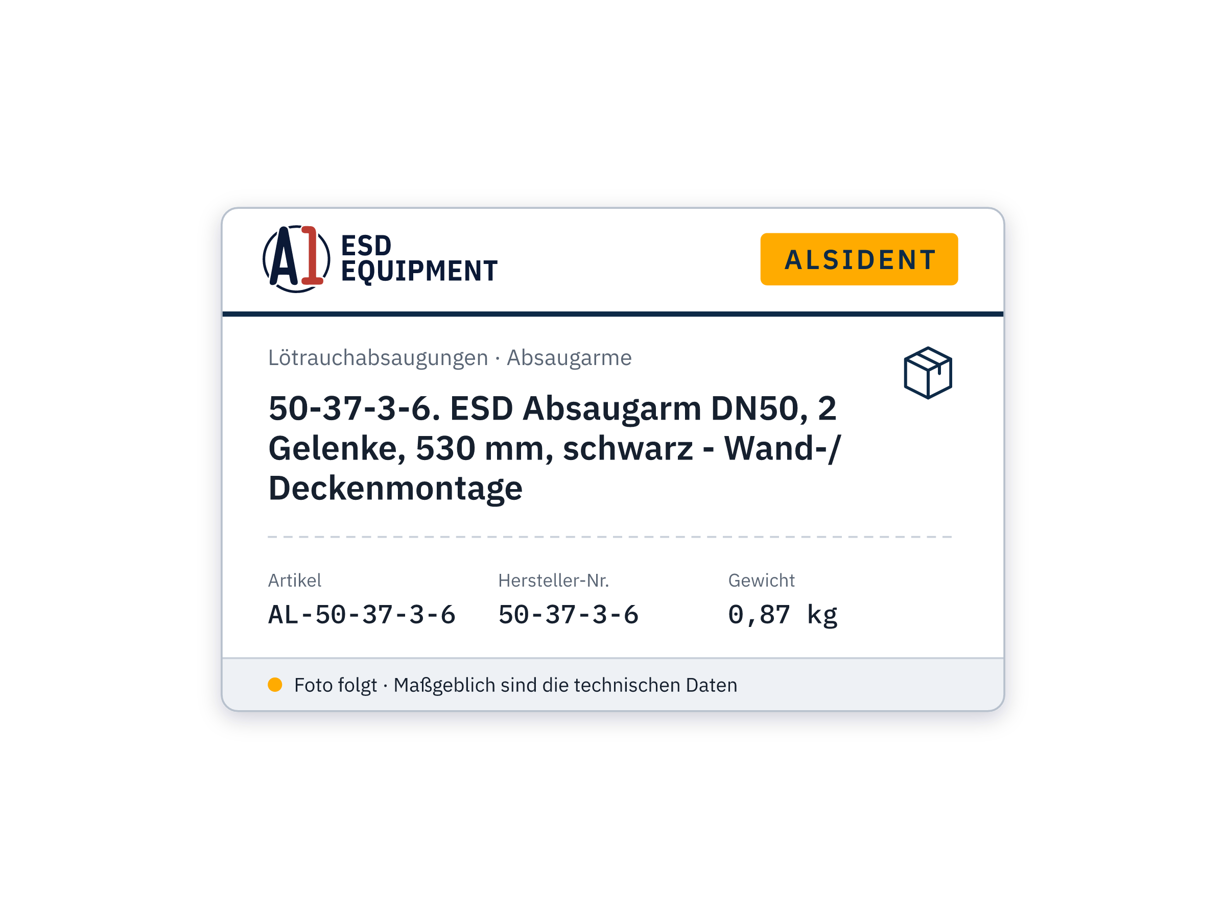 Alsident 50-37-3-6. ESD Absaugarm DN50, 2 Gelenke, 530 mm, schwarz - Wand-/ Deckenmontage