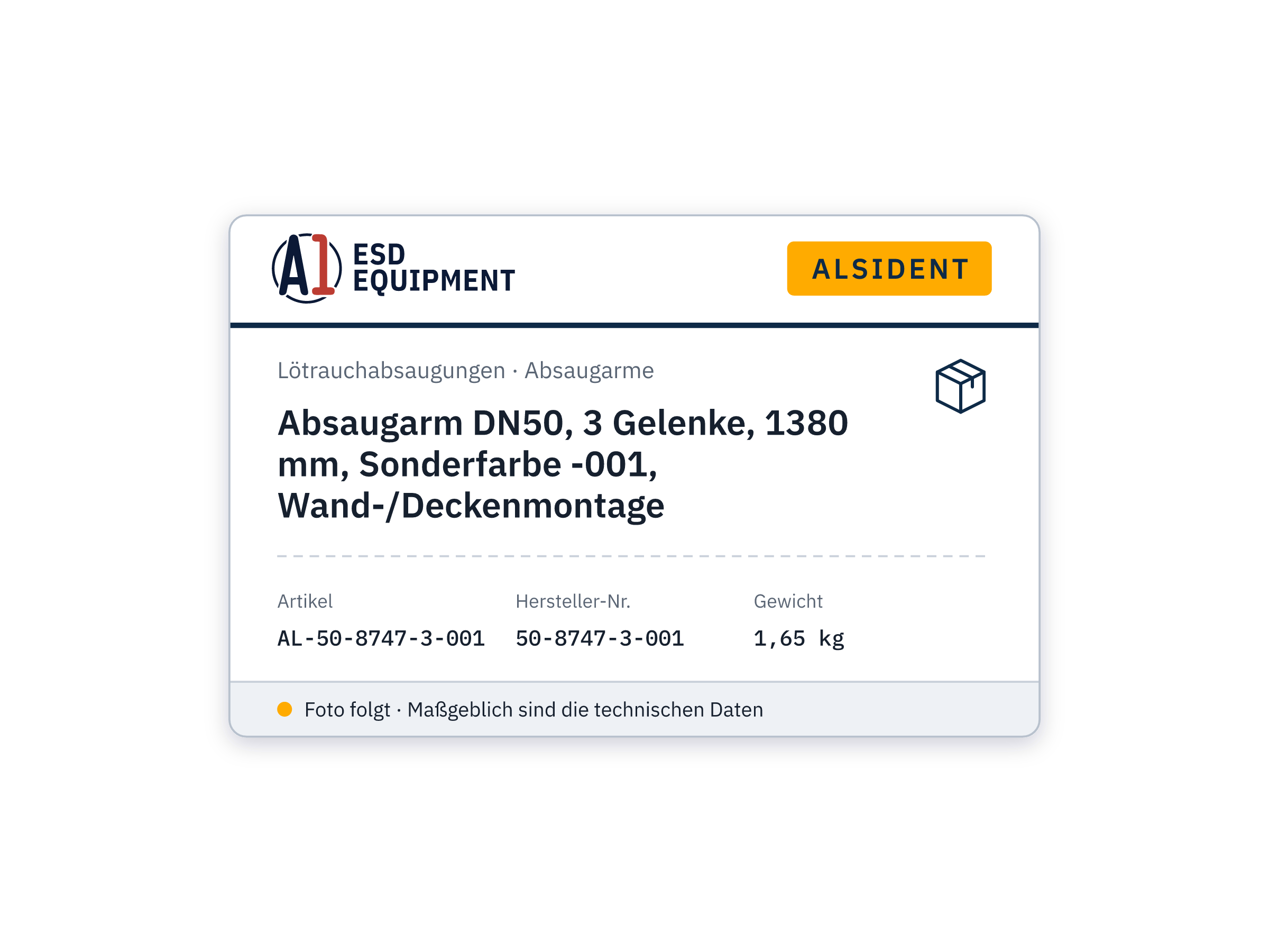 Absaugarm DN50, 3 Gelenke, 1380 mm, Sonderfarbe -001, Wand-/Deckenmontage - Alsident 50-8747-3-001