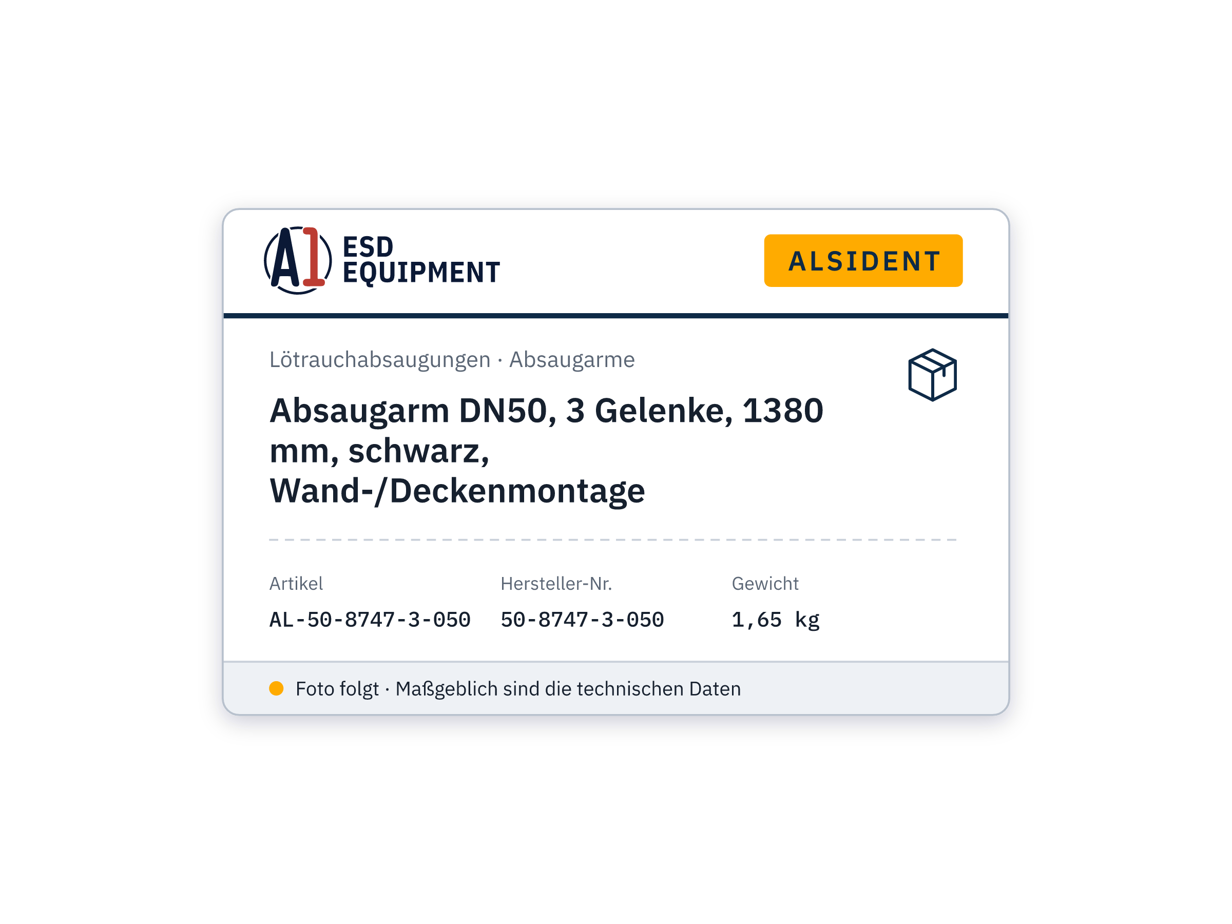 Absaugarm DN50, 3 Gelenke, 1380 mm, schwarz, Wand-/Deckenmontage - Alsident 50-8747-3-050