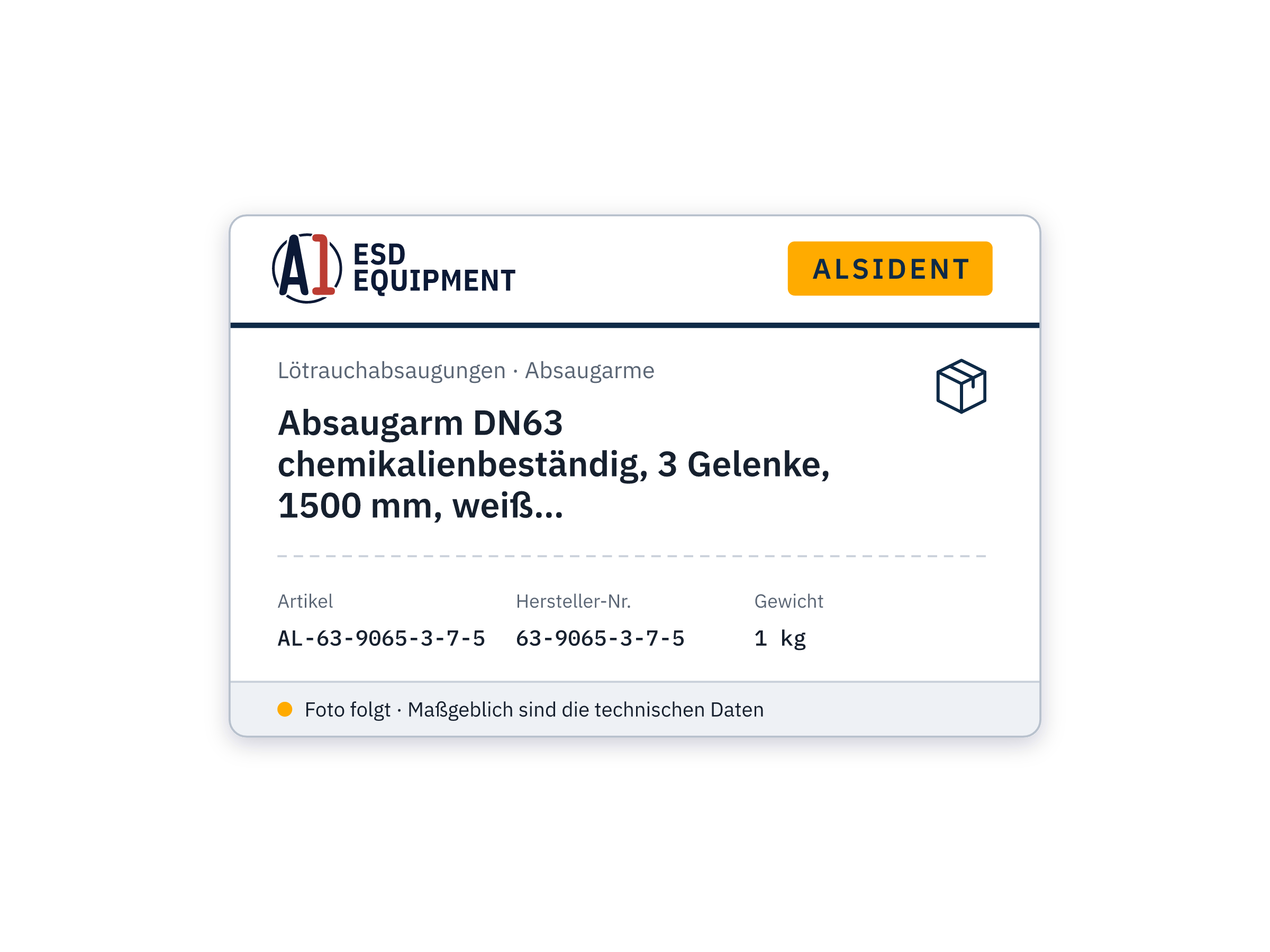 Absaugarm DN63 chemikalienbeständig, 3 Gelenke, 1500 mm, weiß, Wand-/Deckenmontage - Alsident 63-9065-3-7-5