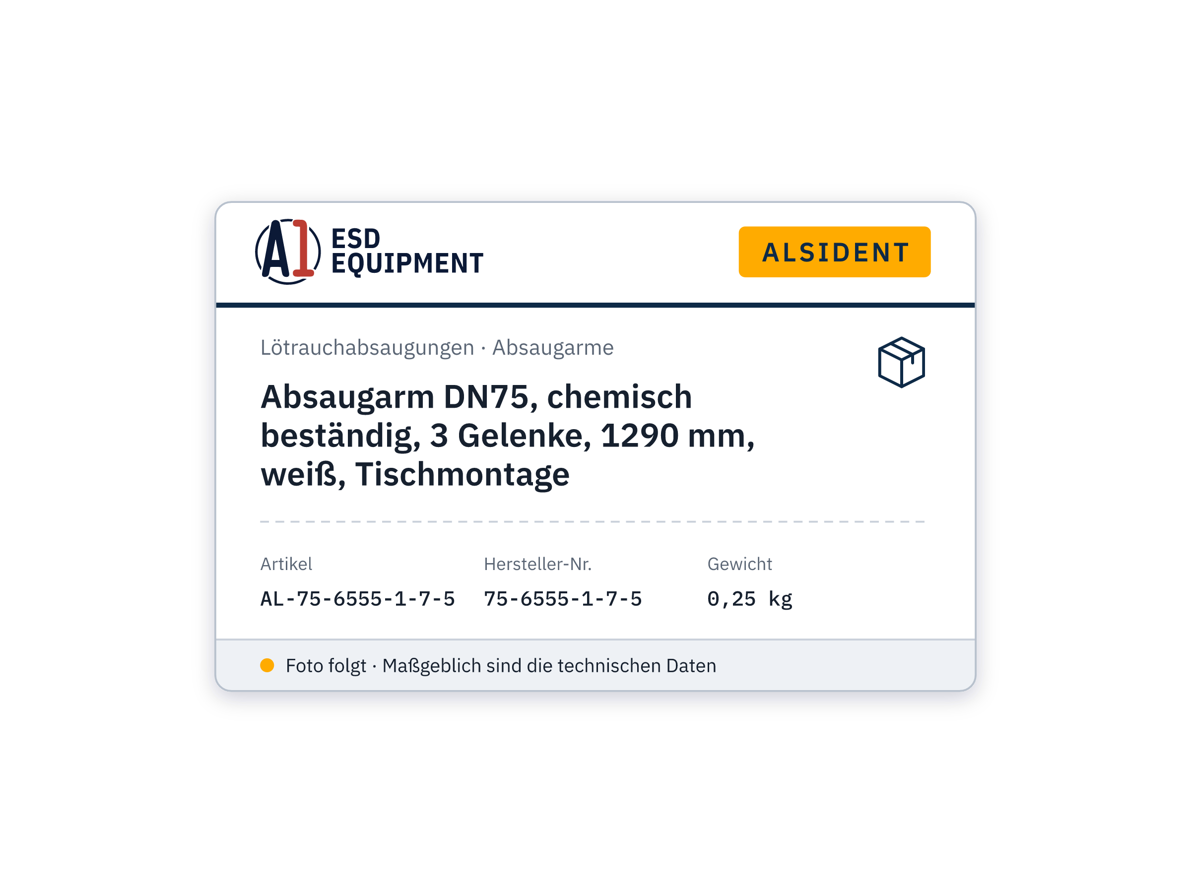 Absaugarm DN75, chemisch beständig, 3 Gelenke, 1290 mm, weiß, Tischmontage - Alsident 75-6555-1-7-5