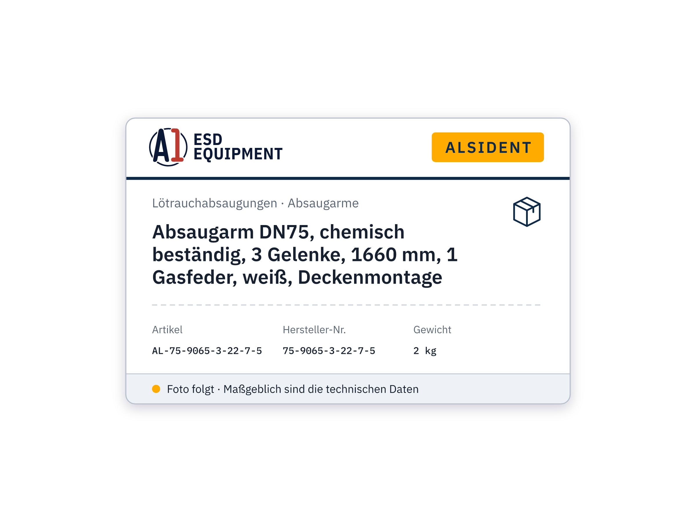 Absaugarm DN75, chemisch beständig, 3 Gelenke, 1660 mm, 1 Gasfeder, weiß, Deckenmontage - Alsident 75-9065-3-22-7-5