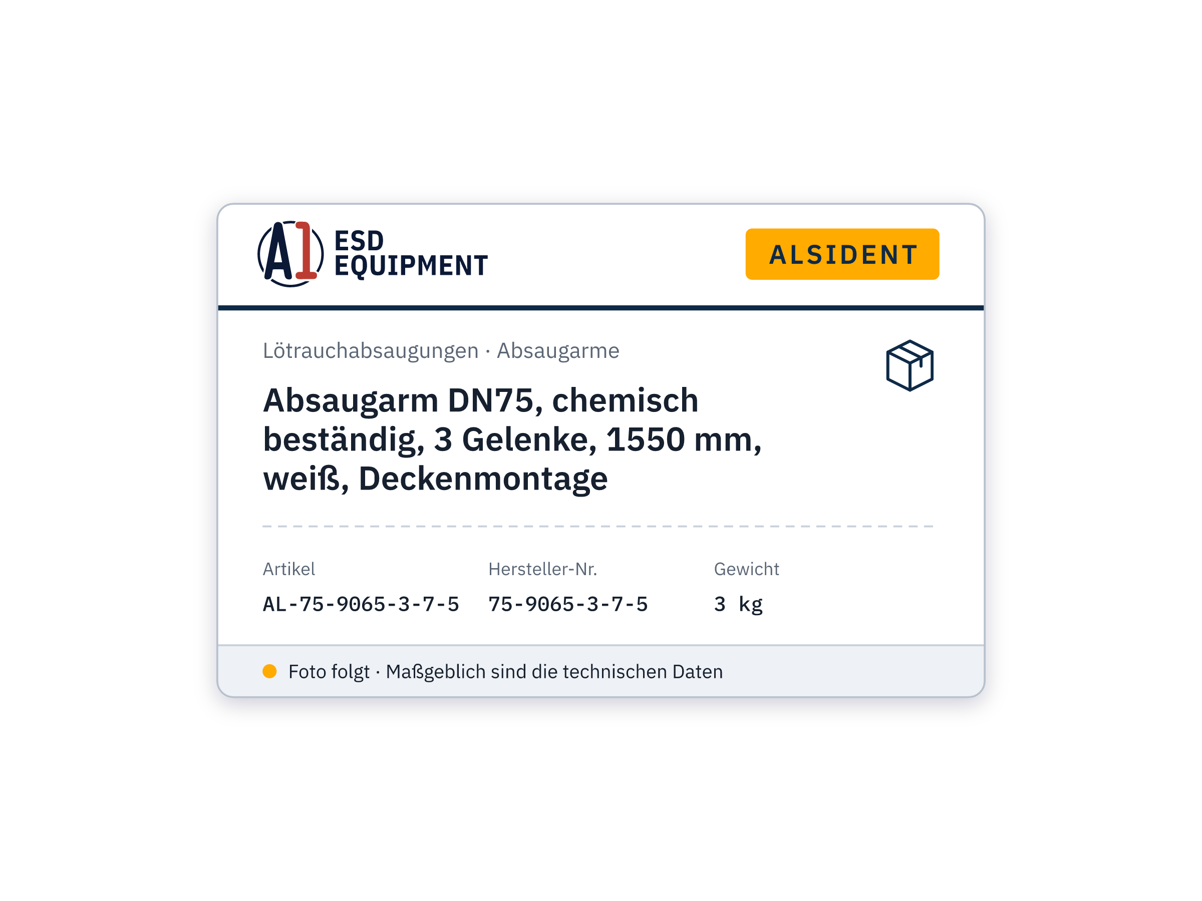 Absaugarm DN75, chemisch beständig, 3 Gelenke, 1550 mm, weiß, Deckenmontage - Alsident 75-9065-3-7-5