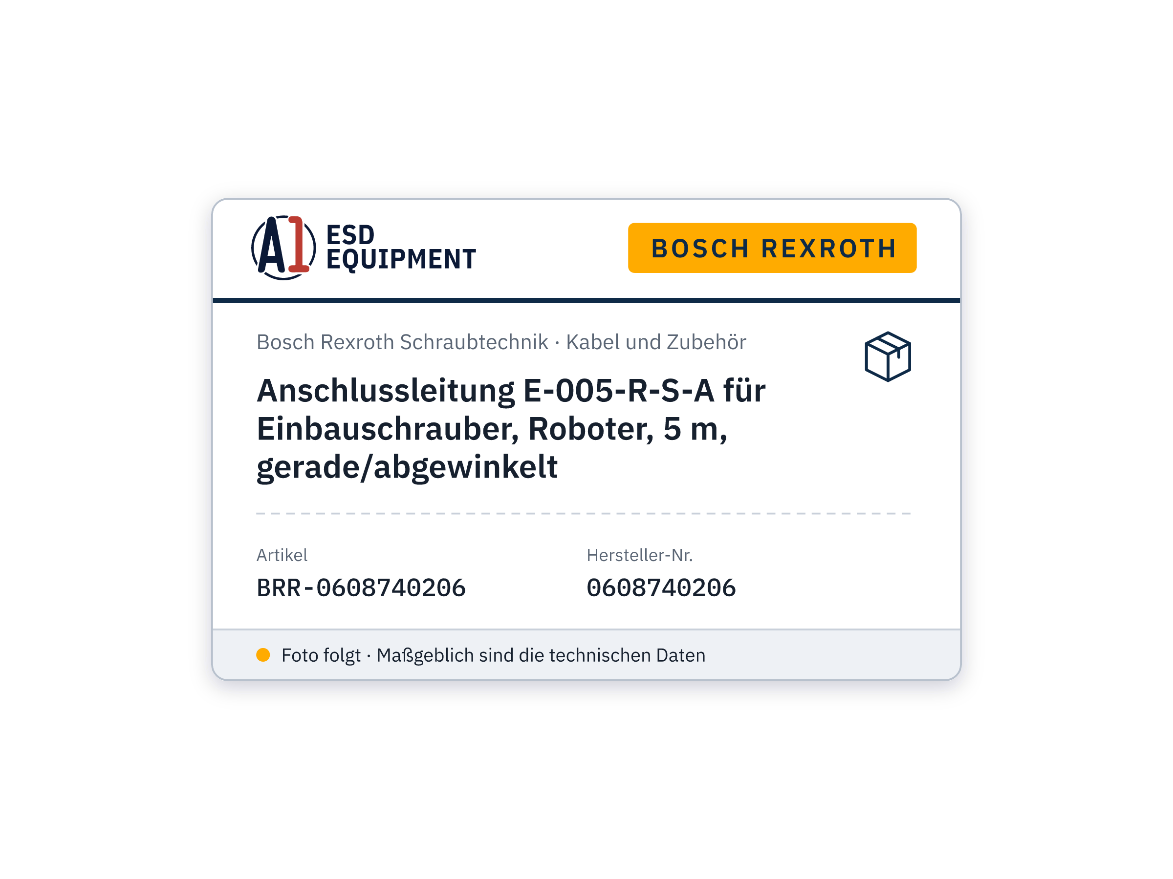 Anschlussleitung E-005-R-S-A für Einbauschrauber, Roboter, 5 m, gerade/abgewinkelt - Bosch Rexroth 0608740206