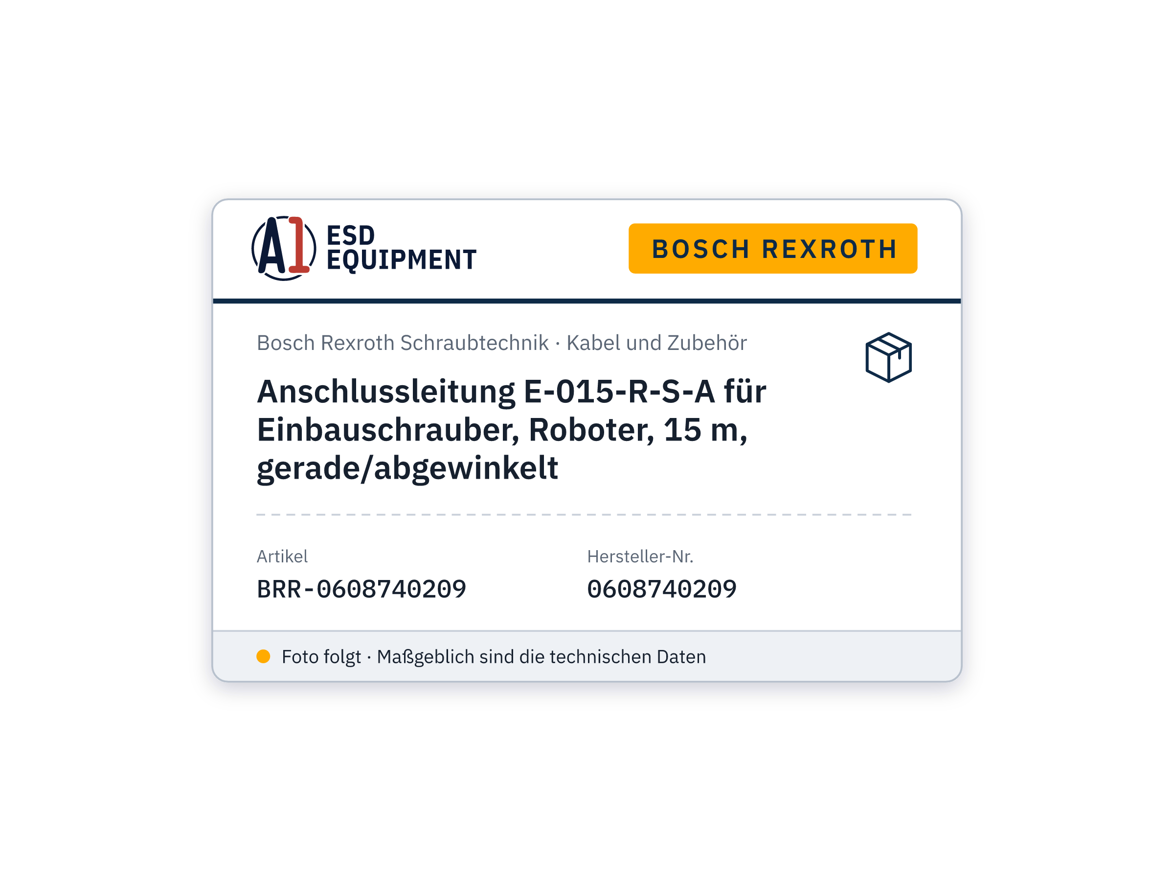 Anschlussleitung E-015-R-S-A für Einbauschrauber, Roboter, 15 m, gerade/abgewinkelt - Bosch Rexroth 0608740209