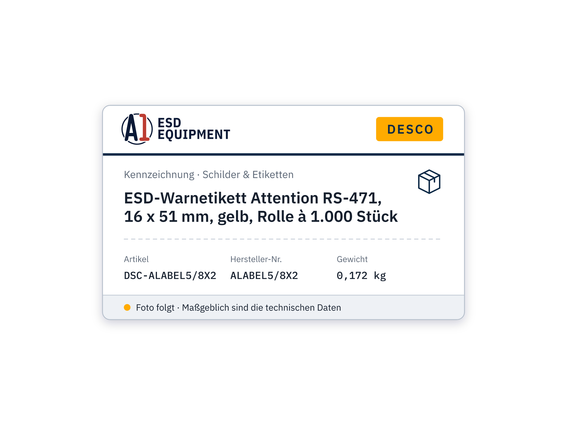 ESD Attention Label RS-471, 16 x 51 mm, Yellow, Roll of 1,000 - Desco ALABEL5/8X2