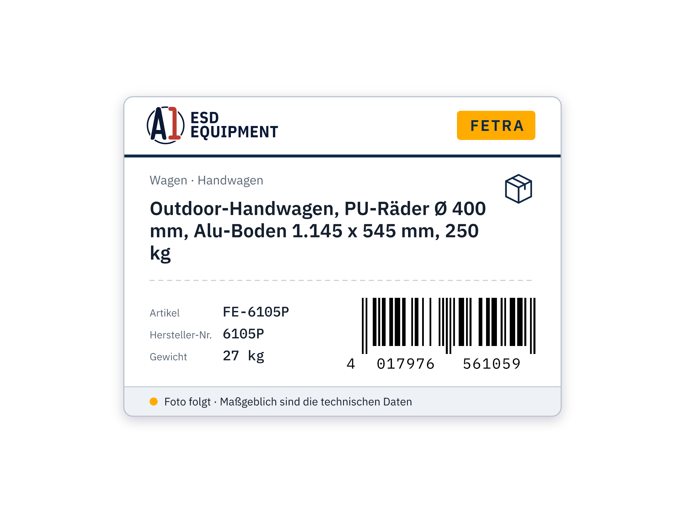 Outdoor-Handwagen, PU-Räder Ø 400 mm, Alu-Boden 1.145 x 545 mm, 250 kg - Fetra 6105P