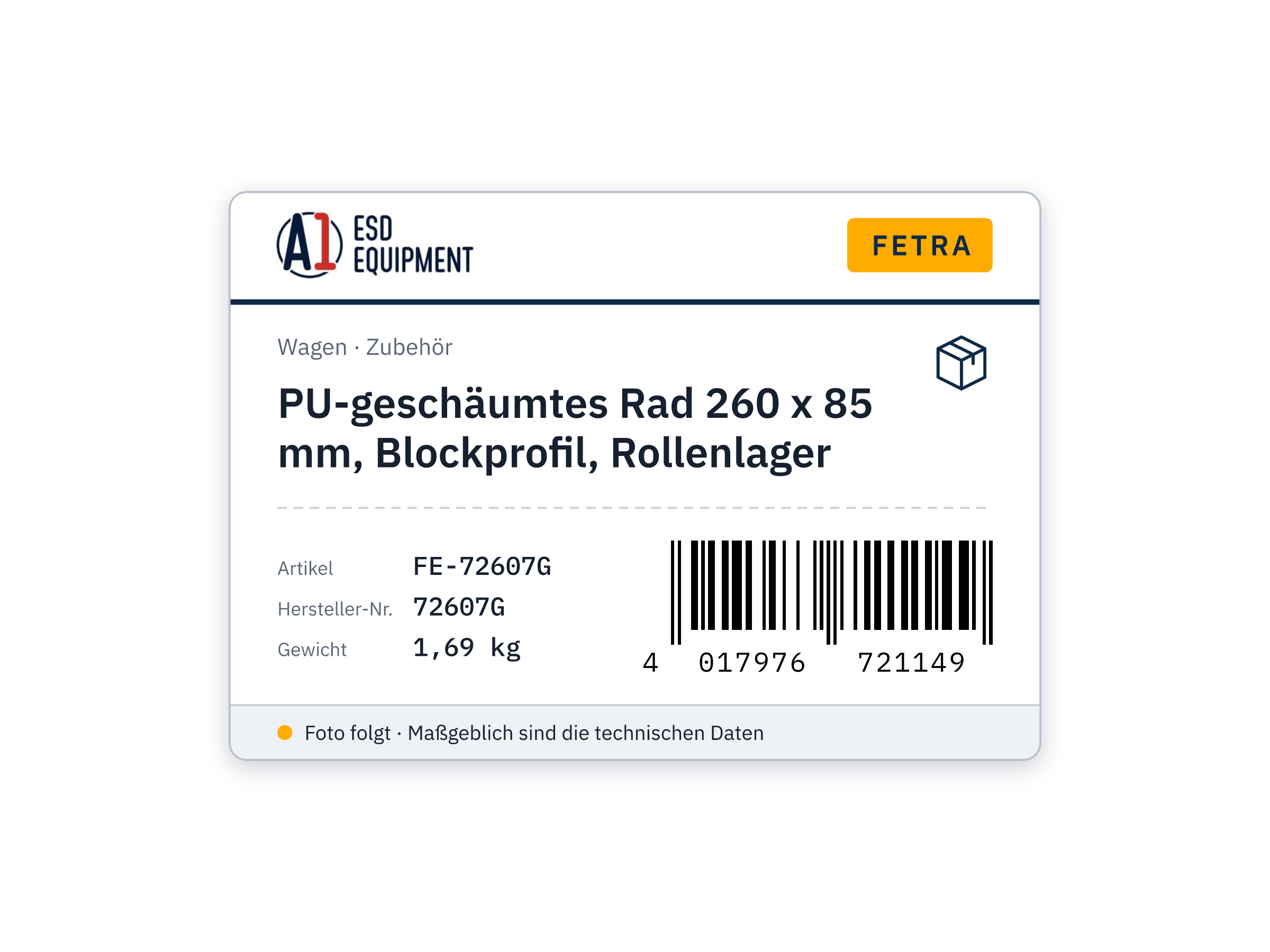PU-geschäumtes Rad 260 x 85 mm, Blockprofil, Rollenlager - Fetra 72607G