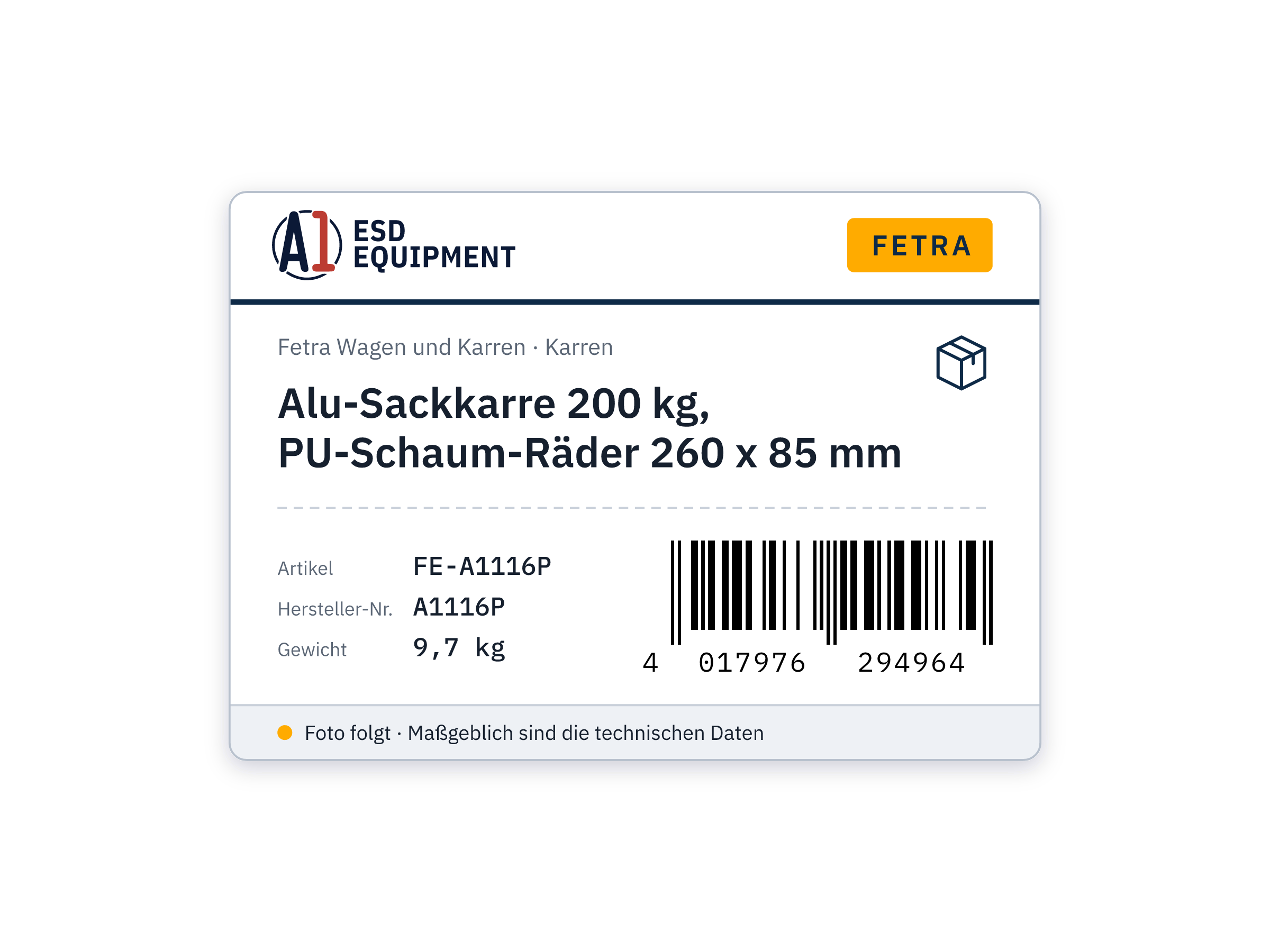Alu-Sackkarre 200 kg, PU-Schaum-Räder 260 x 85 mm - Fetra A1116P