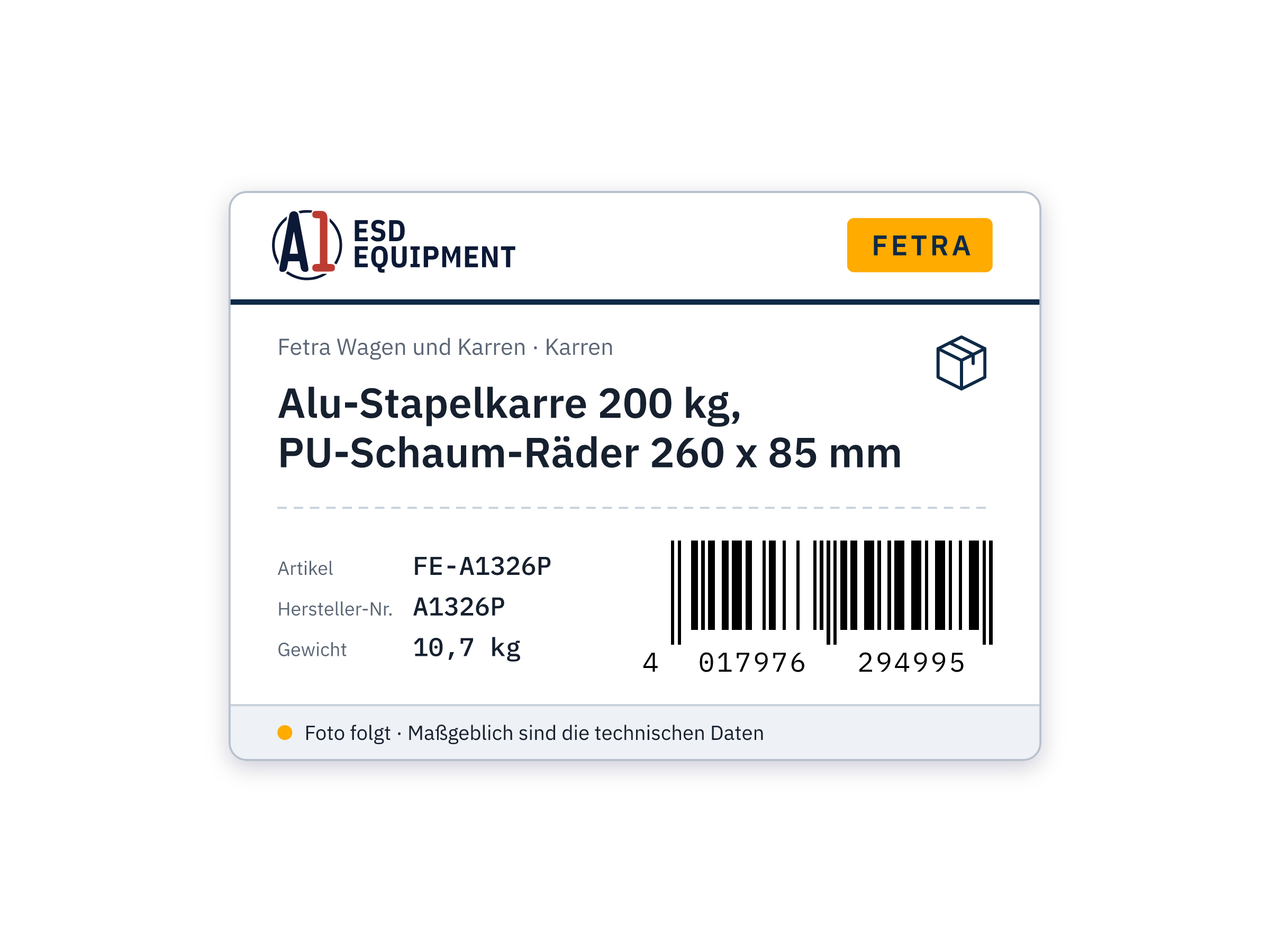 Alu-Stapelkarre 200 kg, PU-Schaum-Räder 260 x 85 mm - Fetra A1326P