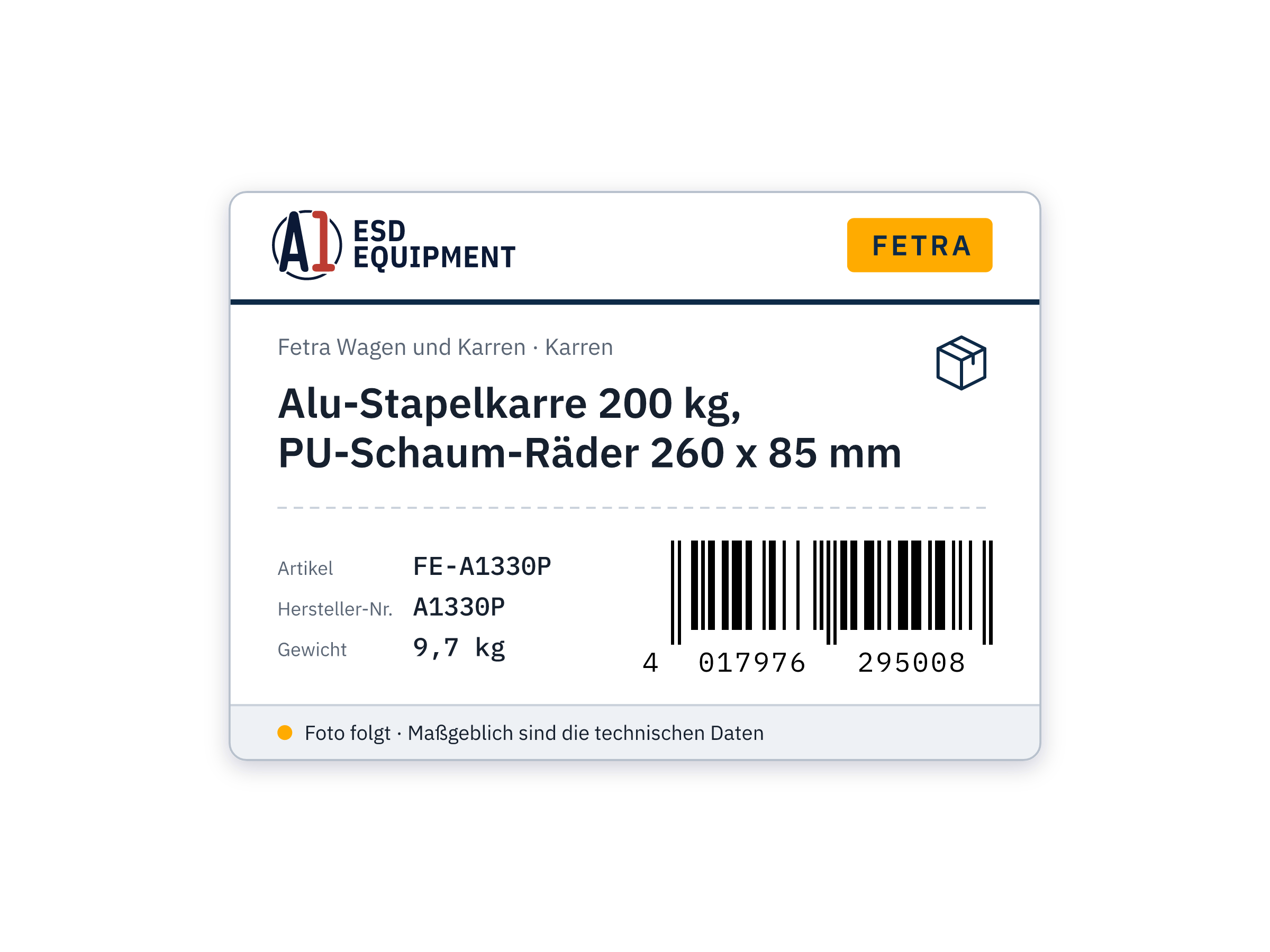 Alu-Stapelkarre 200 kg, PU-Schaum-Räder 260 x 85 mm - Fetra A1330P