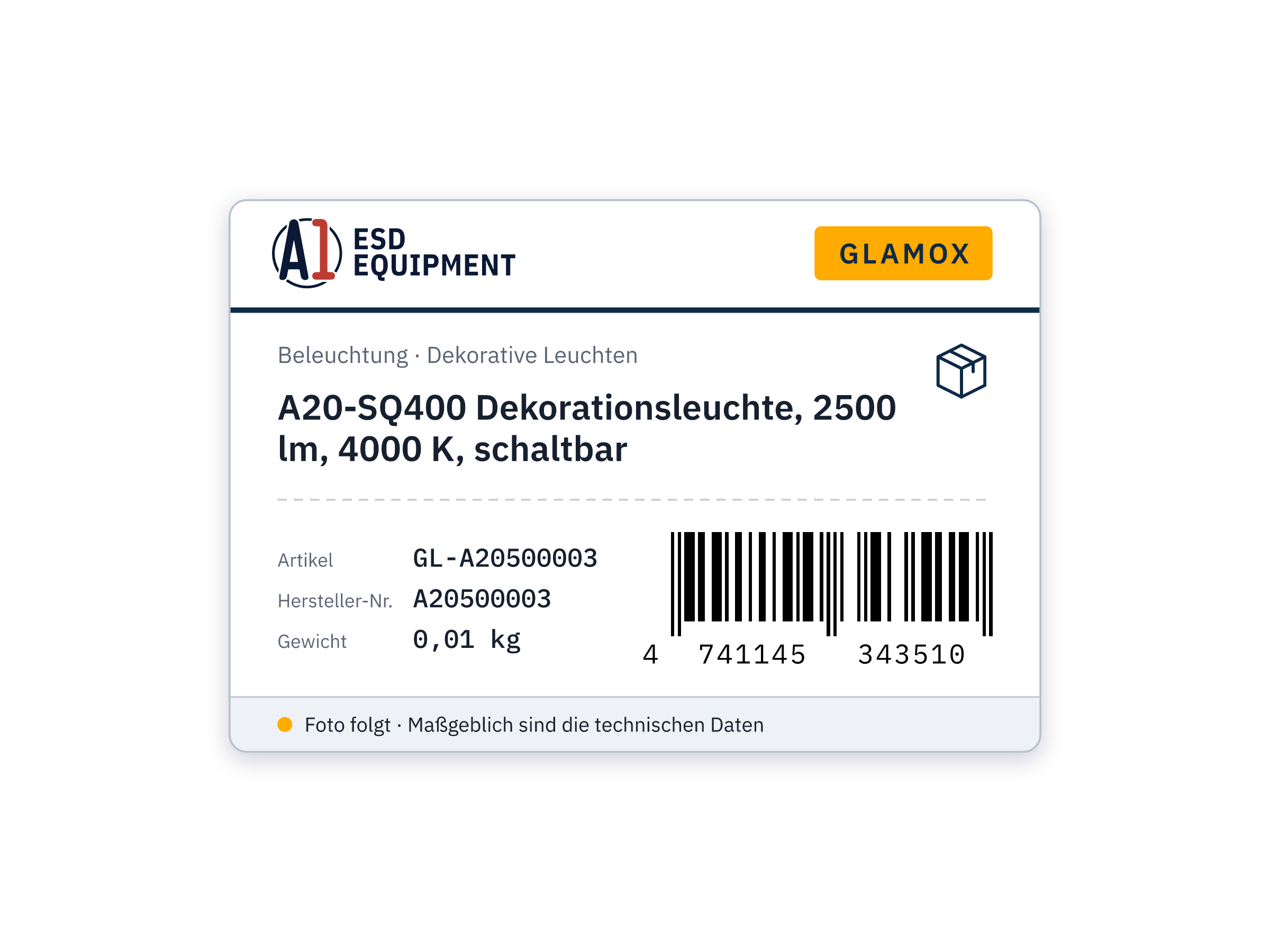 Glamox A20-SQ400 luminaire décoratif, 2500 lm, 4000 K, commutable