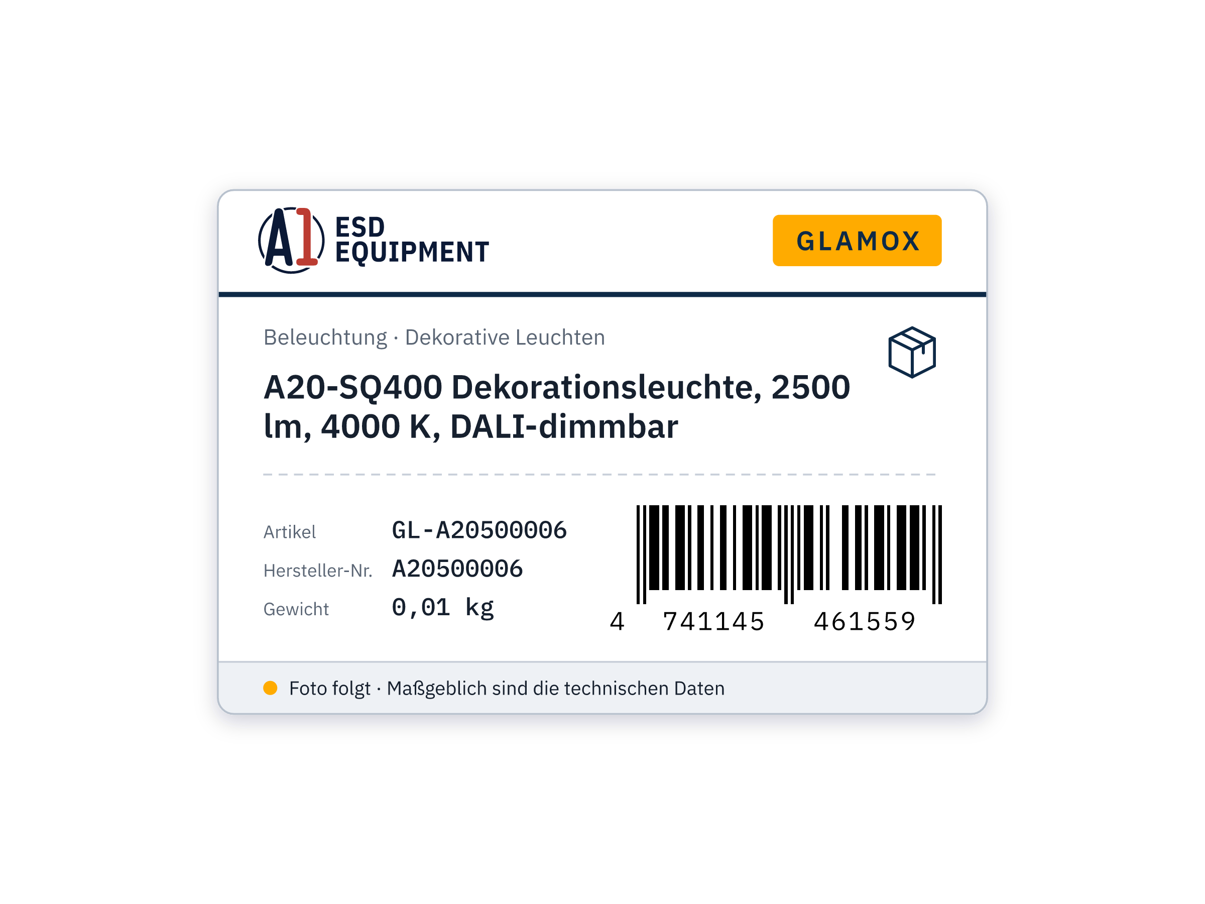 Glamox A20-SQ400 Dekorationsleuchte, 2500 lm, 4000 K, DALI-dimmbar