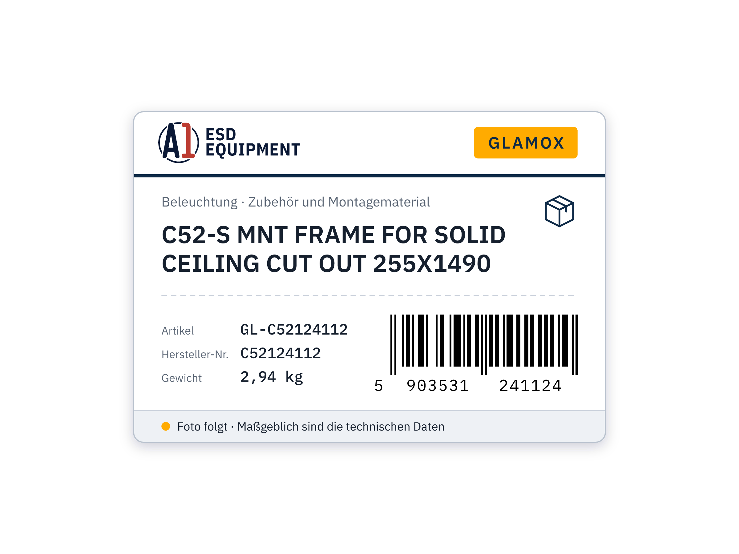 Glamox C52-S MNT FRAME FOR SOLID CEILING CUT OUT 255X1490