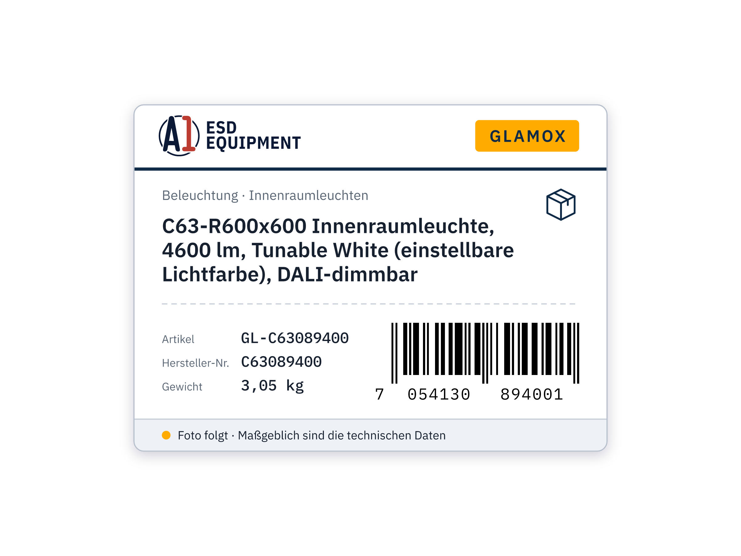 C63-R600x600 Innenraumleuchte, 4600 lm, Tunable White (einstellbare Lichtfarbe), DALI-dimmbar - Glamox C63089400
