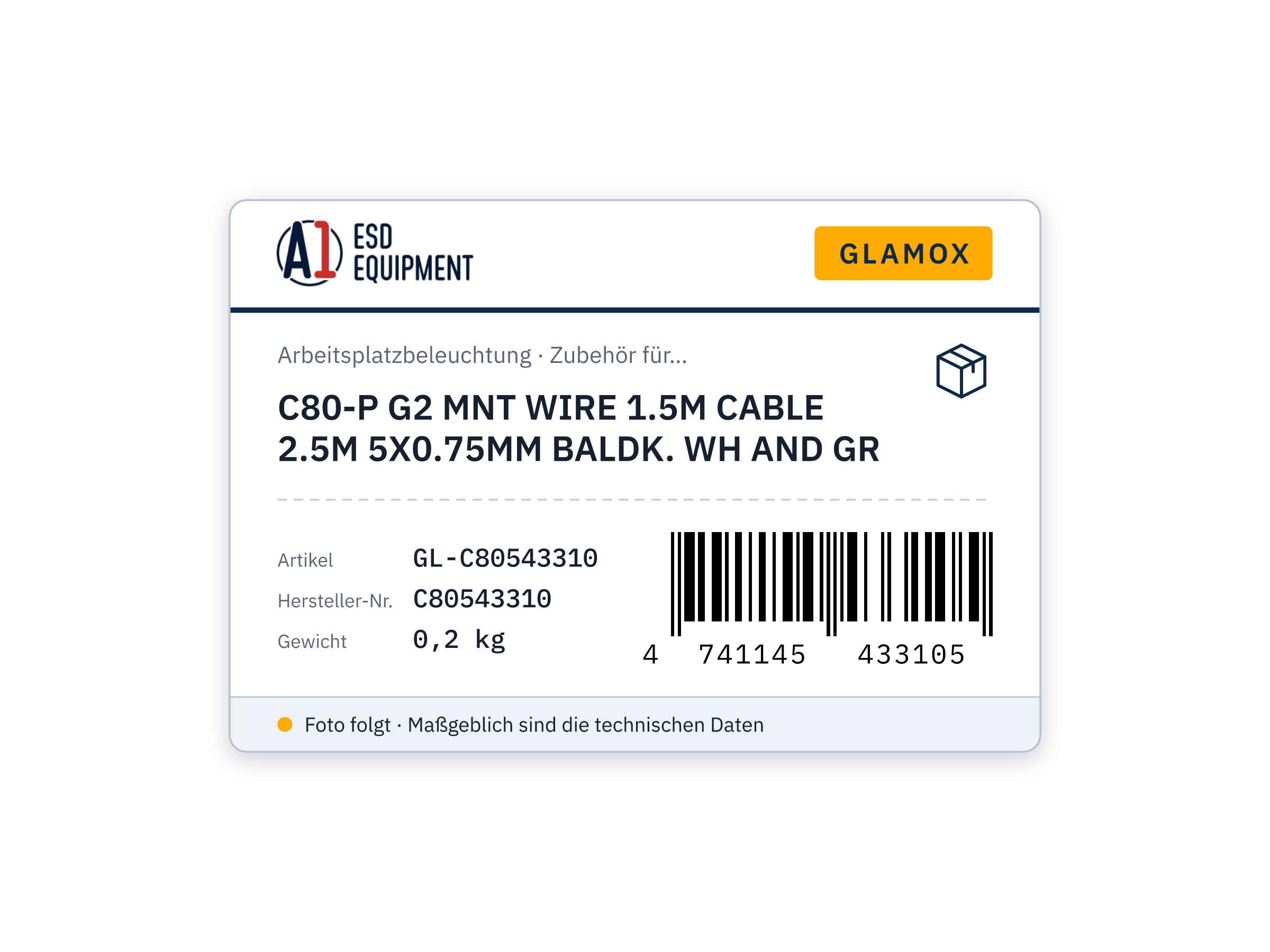 Glamox C80-P G2 MNT WIRE 1.5M CABLE 2.5M 5X0.75MM BALDK. WH AND GR