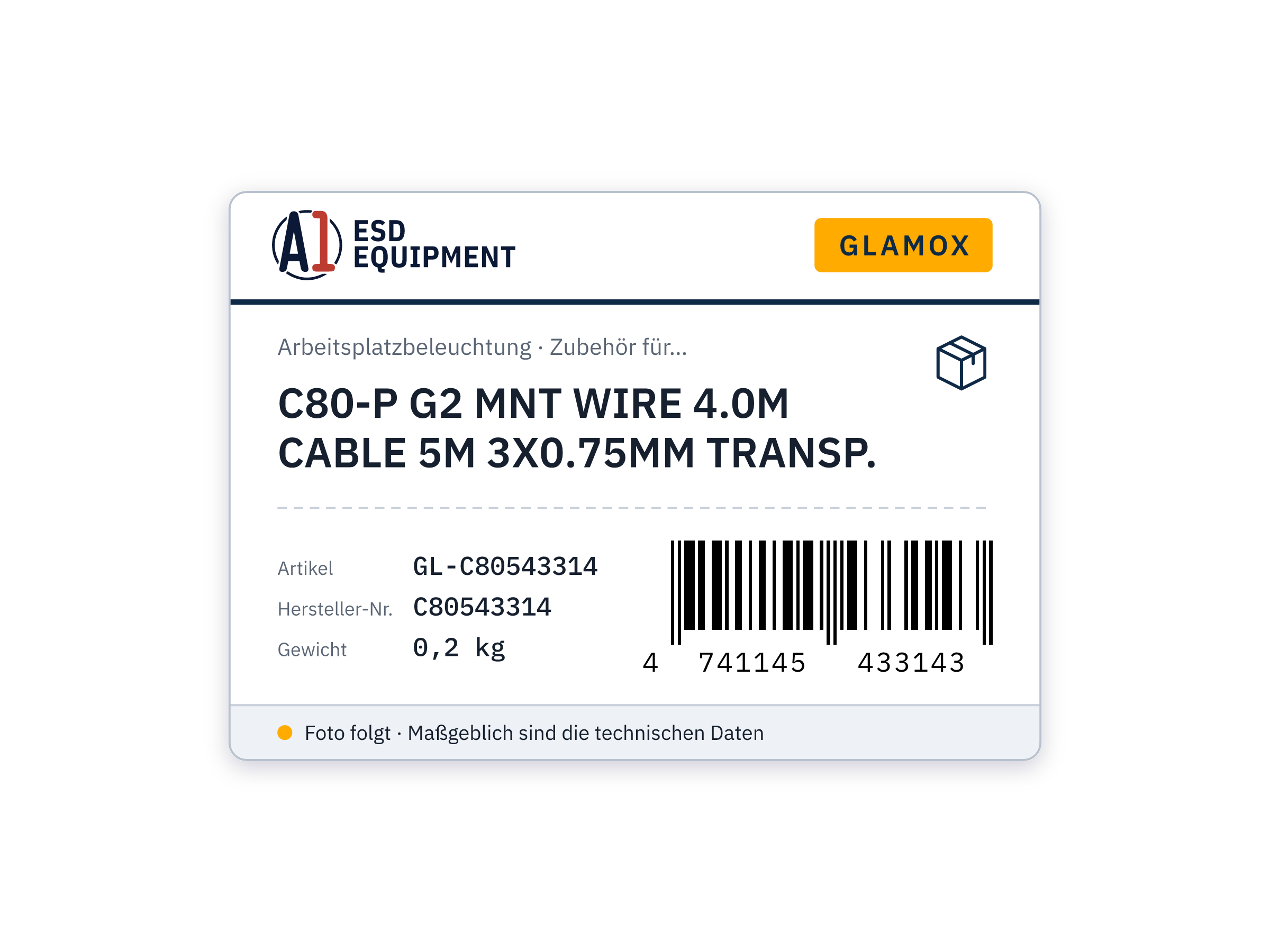 Glamox C80-P G2 MNT WIRE 4.0M CABLE 5M 3X0.75MM TRANSP.