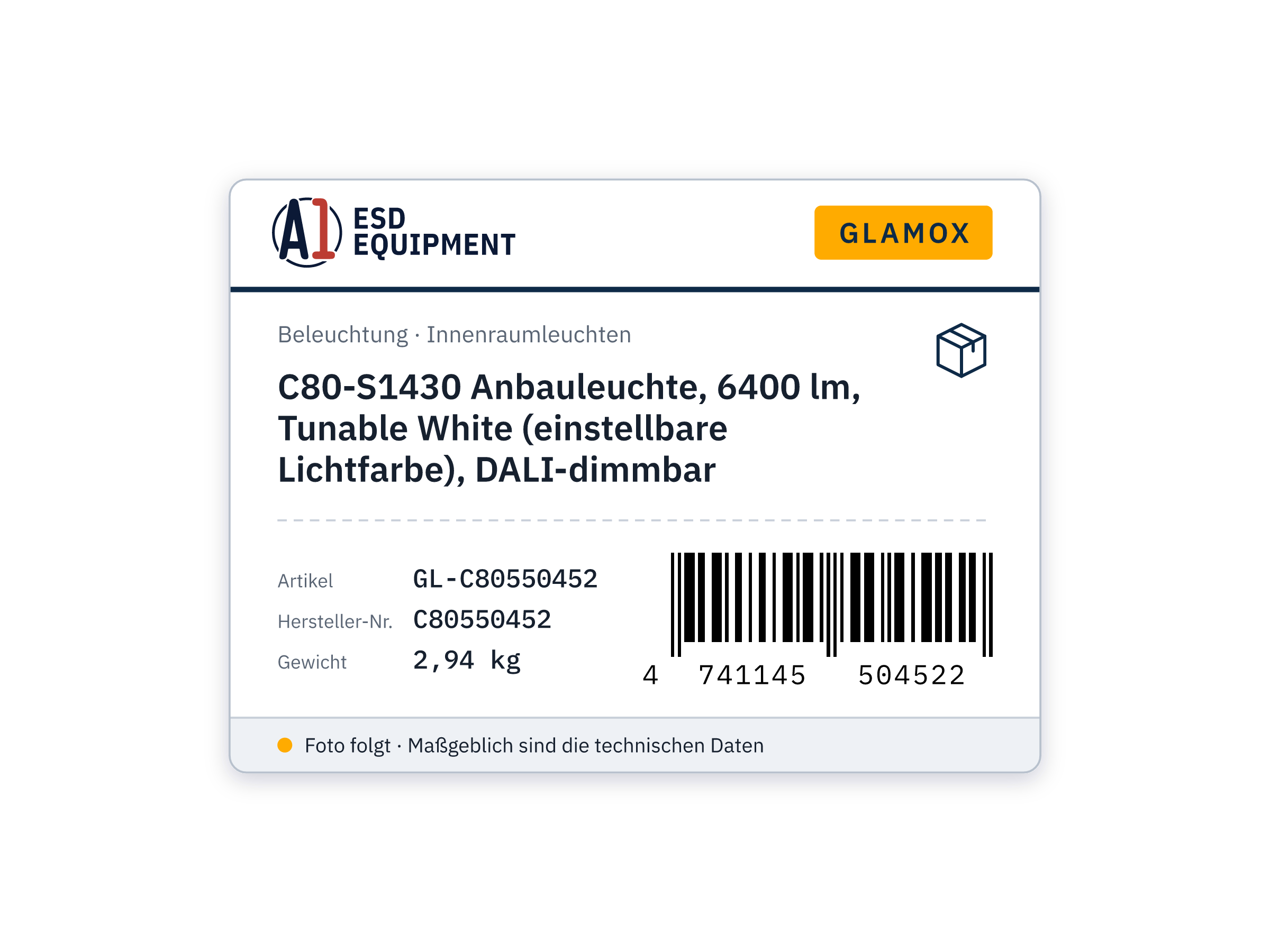 Glamox C80-S1430 Anbauleuchte, 6400 lm, Tunable White (einstellbare Lichtfarbe), DALI-dimmbar