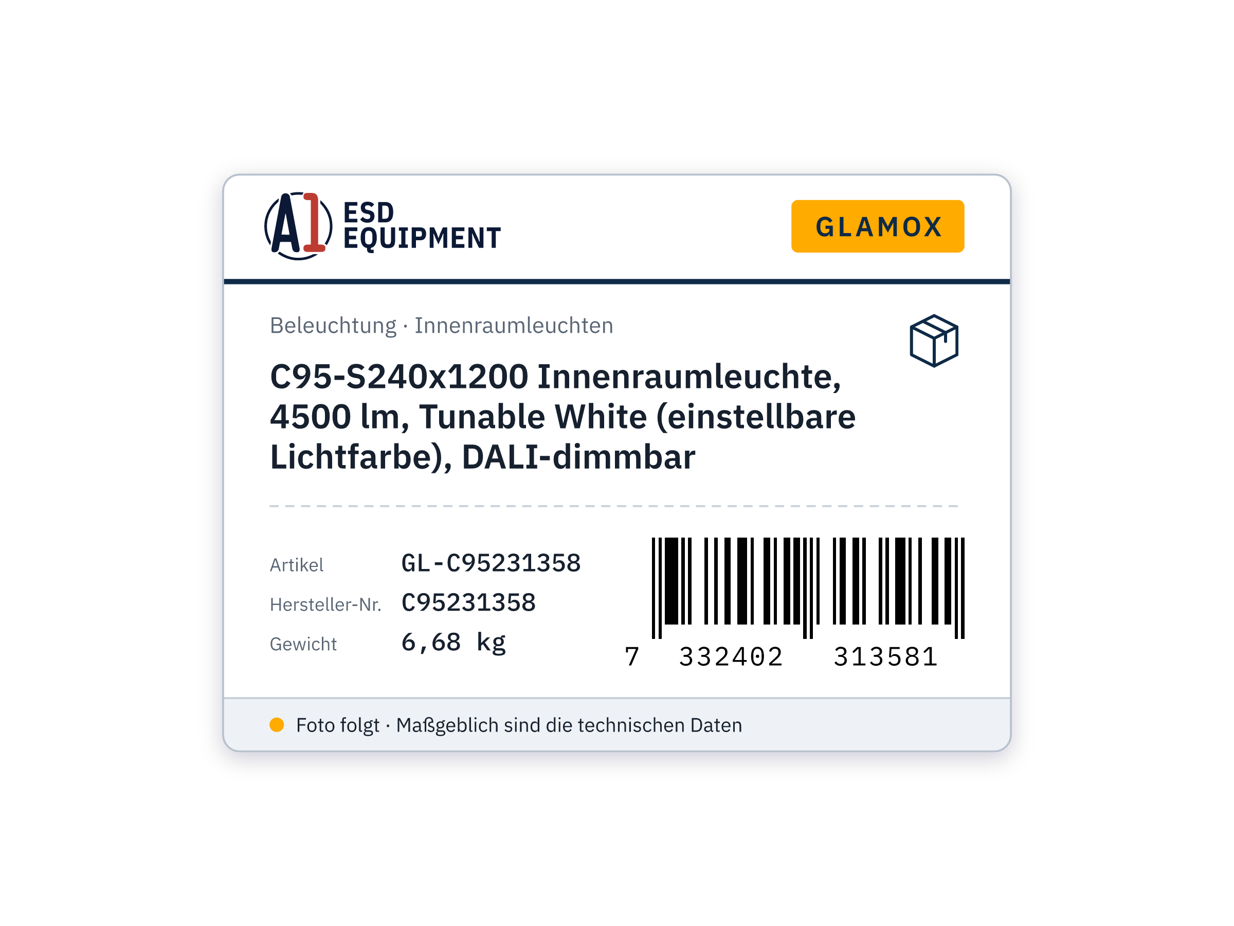 Glamox C95-S240x1200 Innenraumleuchte, 4500 lm, Tunable White (einstellbare Lichtfarbe), DALI-dimmbar
