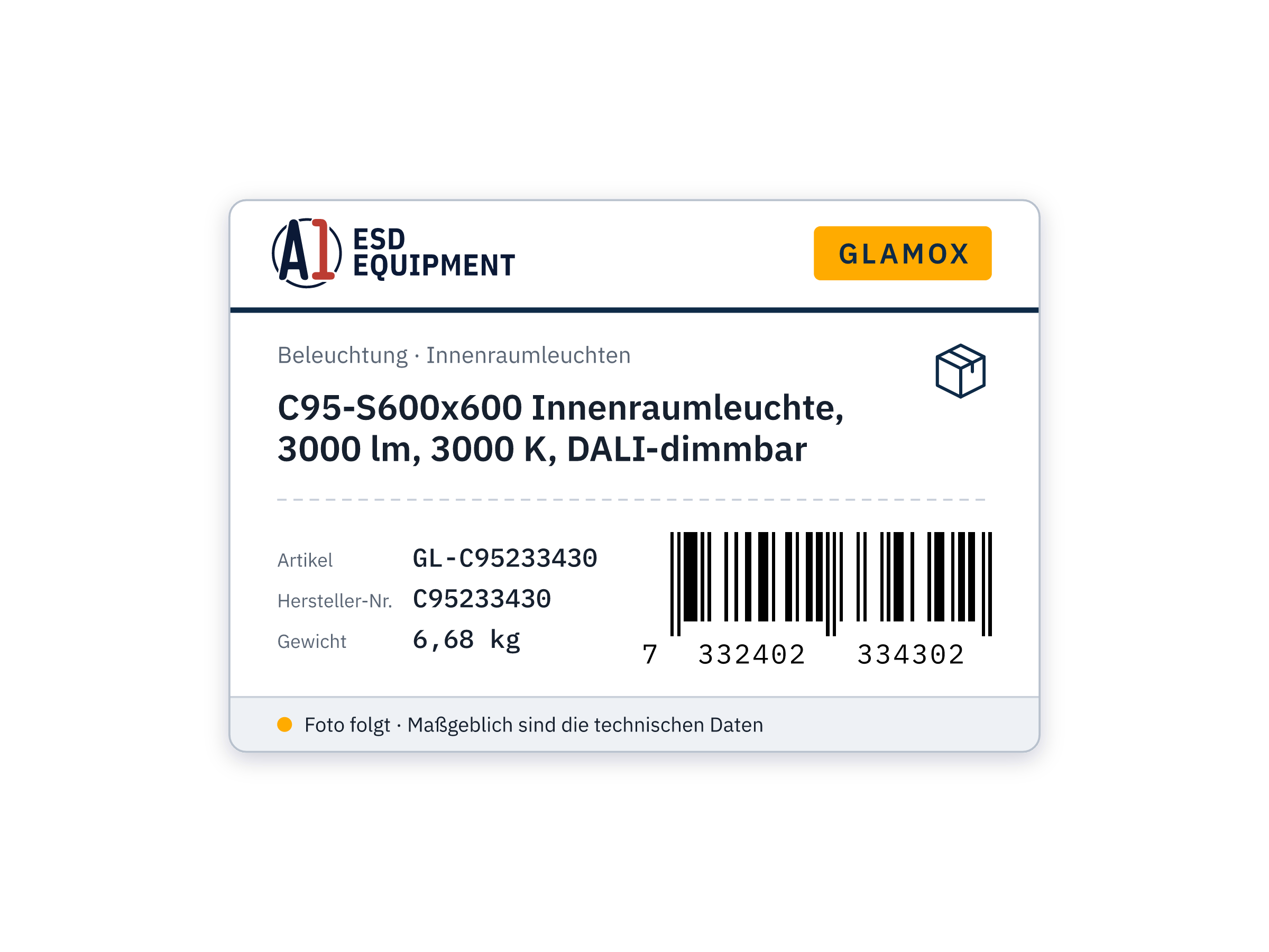 Glamox C95-S600x600 Innenraumleuchte, 3000 lm, 3000 K, DALI-dimmbar
