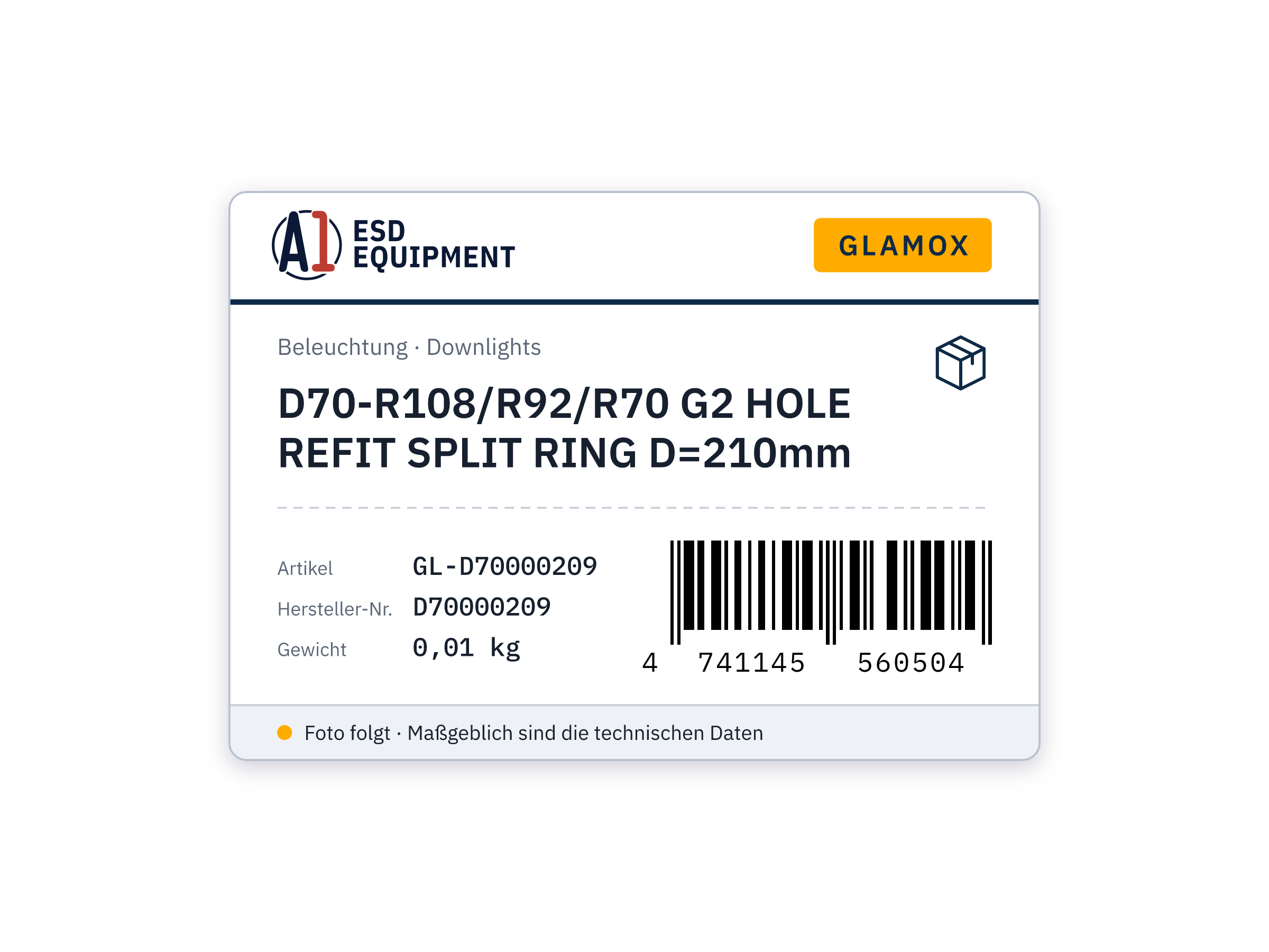 Glamox D70-R108/R92/R70 G2 HOLE REFIT SPLIT RING D=210mm