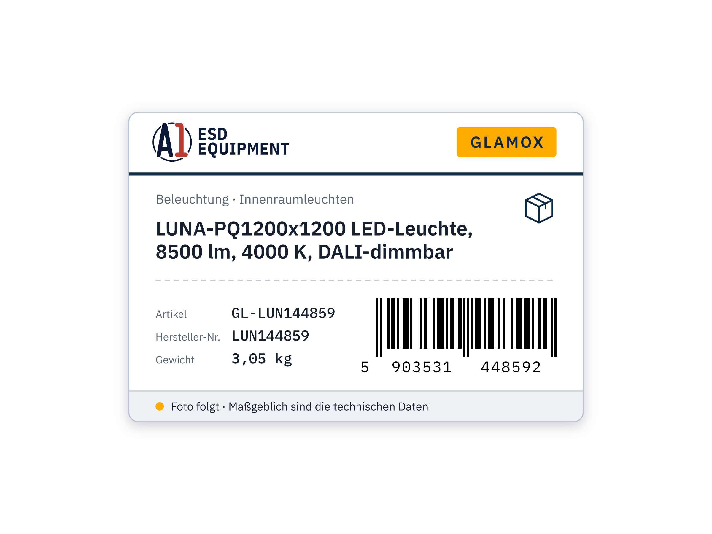 LUNA-PQ1200x1200 luminaire LED, 8500 lm, 4000 K, à gradation DALI - Glamox LUN144859