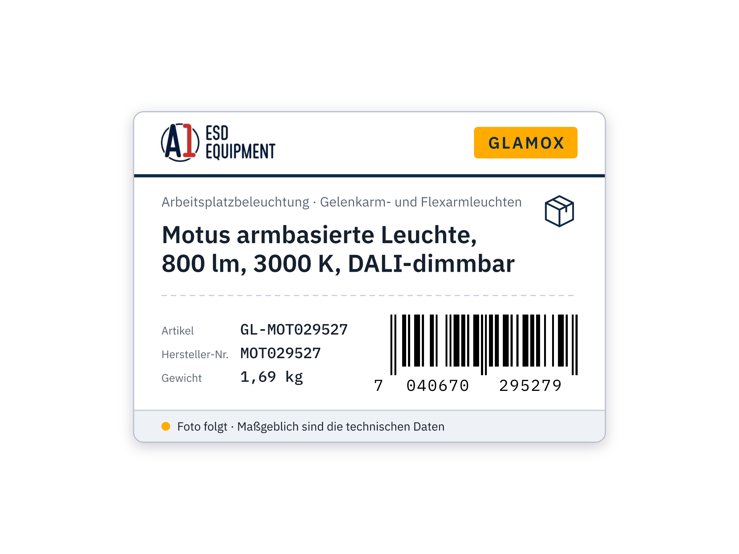Motus luminaire sur bras, 800 lm, 3000 K, à gradation DALI - Glamox MOT029527