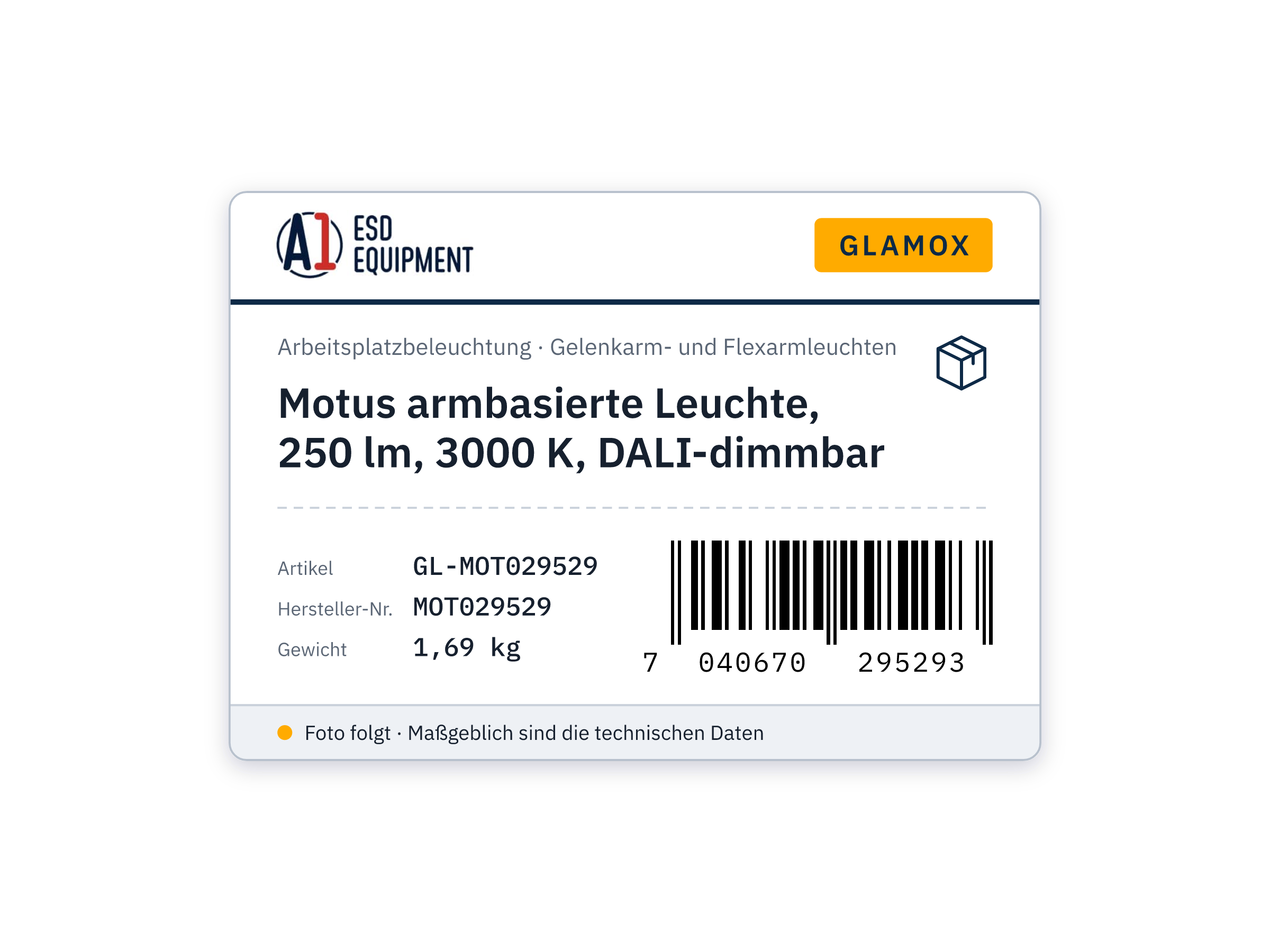 Motus luminaire sur bras, 250 lm, 3000 K, à gradation DALI - Glamox MOT029529