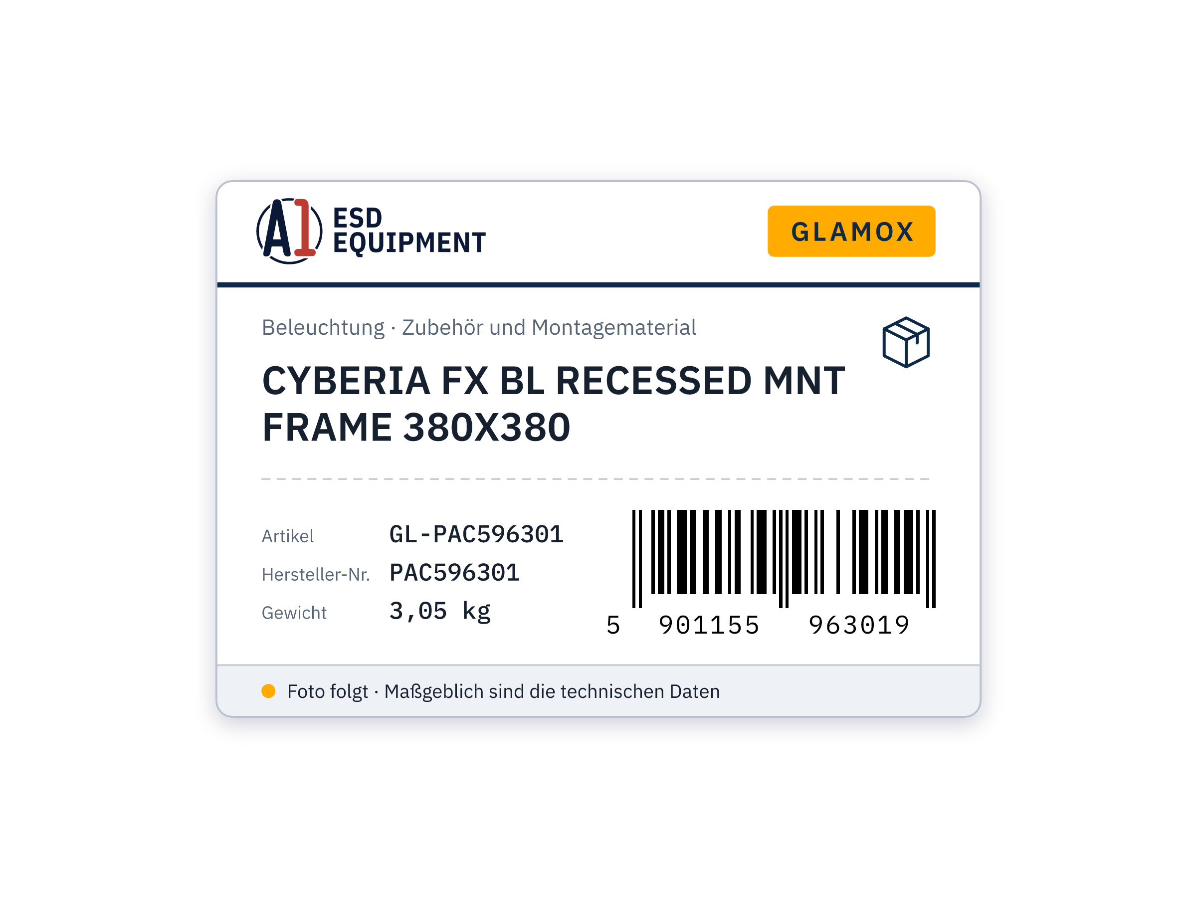 Glamox CYBERIA FX BL RECESSED MNT FRAME 380X380