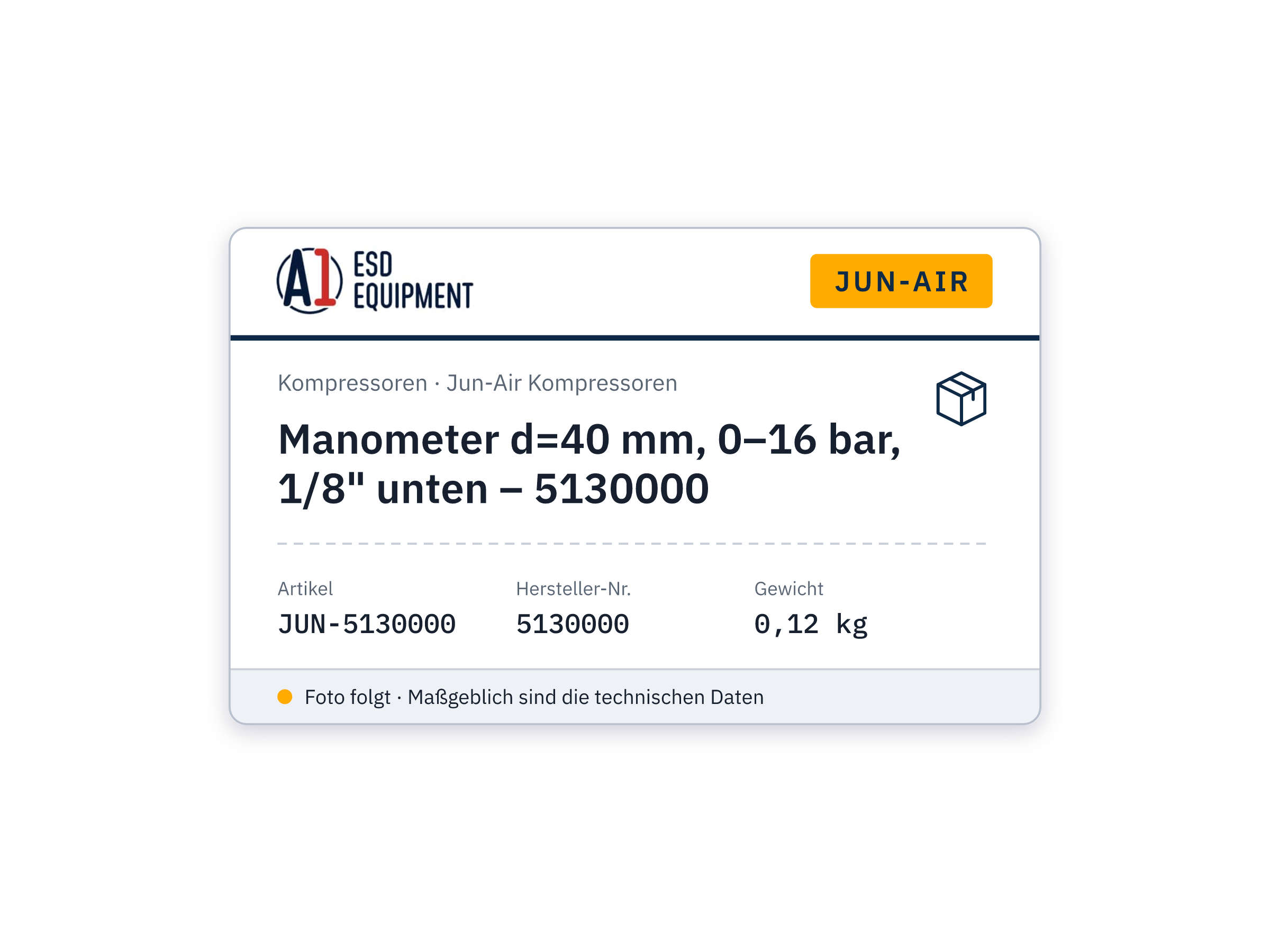 Jun-Air Manomètre d=40 mm, 0–16 bar, 1/8" en bas – 5130000