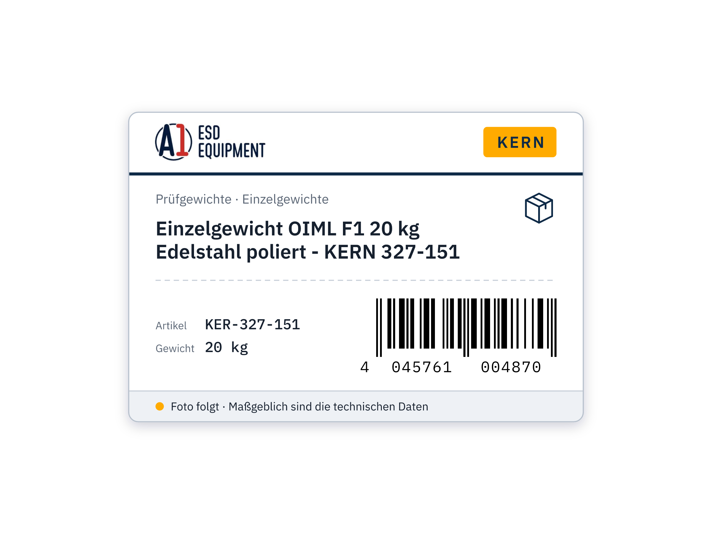 Poids individuel OIML F1 20 kg - KERN 327-151