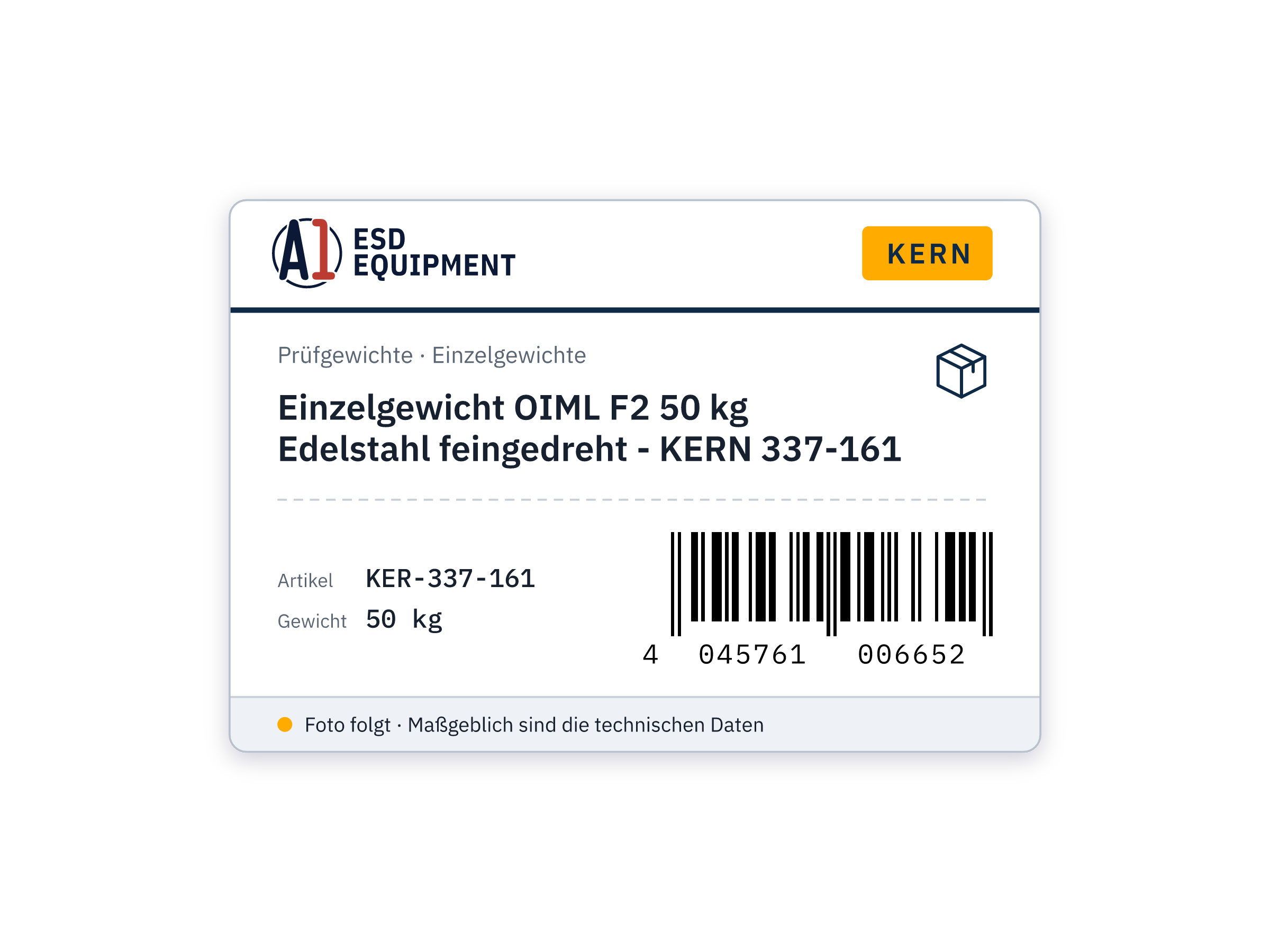 Einzelgewicht OIML F2 50 kg Edelstahl feingedreht - KERN 337-161