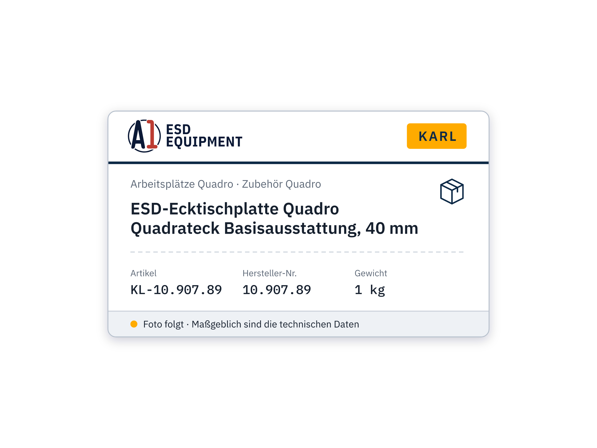 Plateau d'angle ESD Quadro angle carré équipement de base, 40 mm - Karl 10.907.89