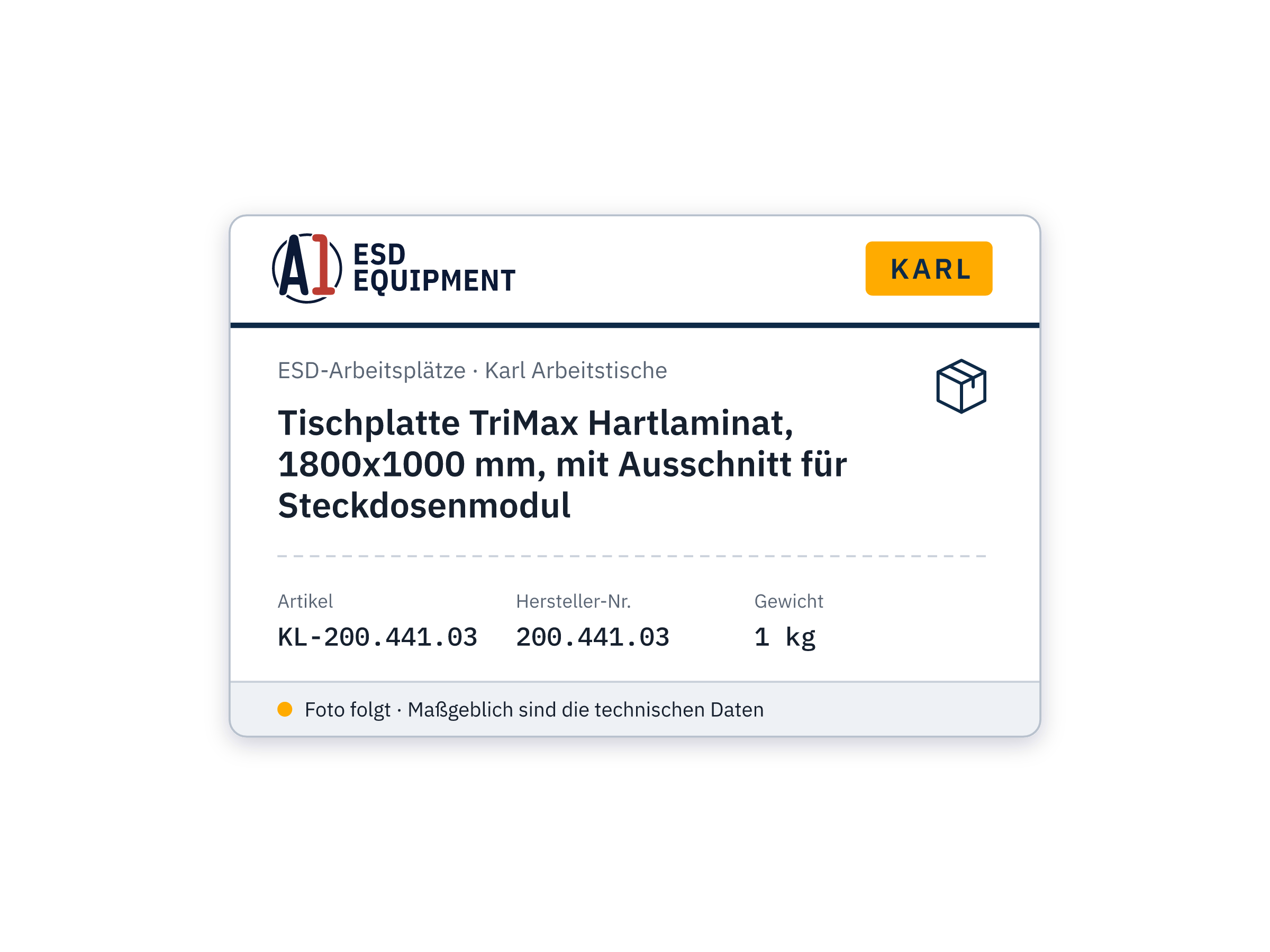 Tischplatte TriMax Hartlaminat, 1800x1000 mm, mit Ausschnitt für Steckdosenmodul - Karl 200.441.03