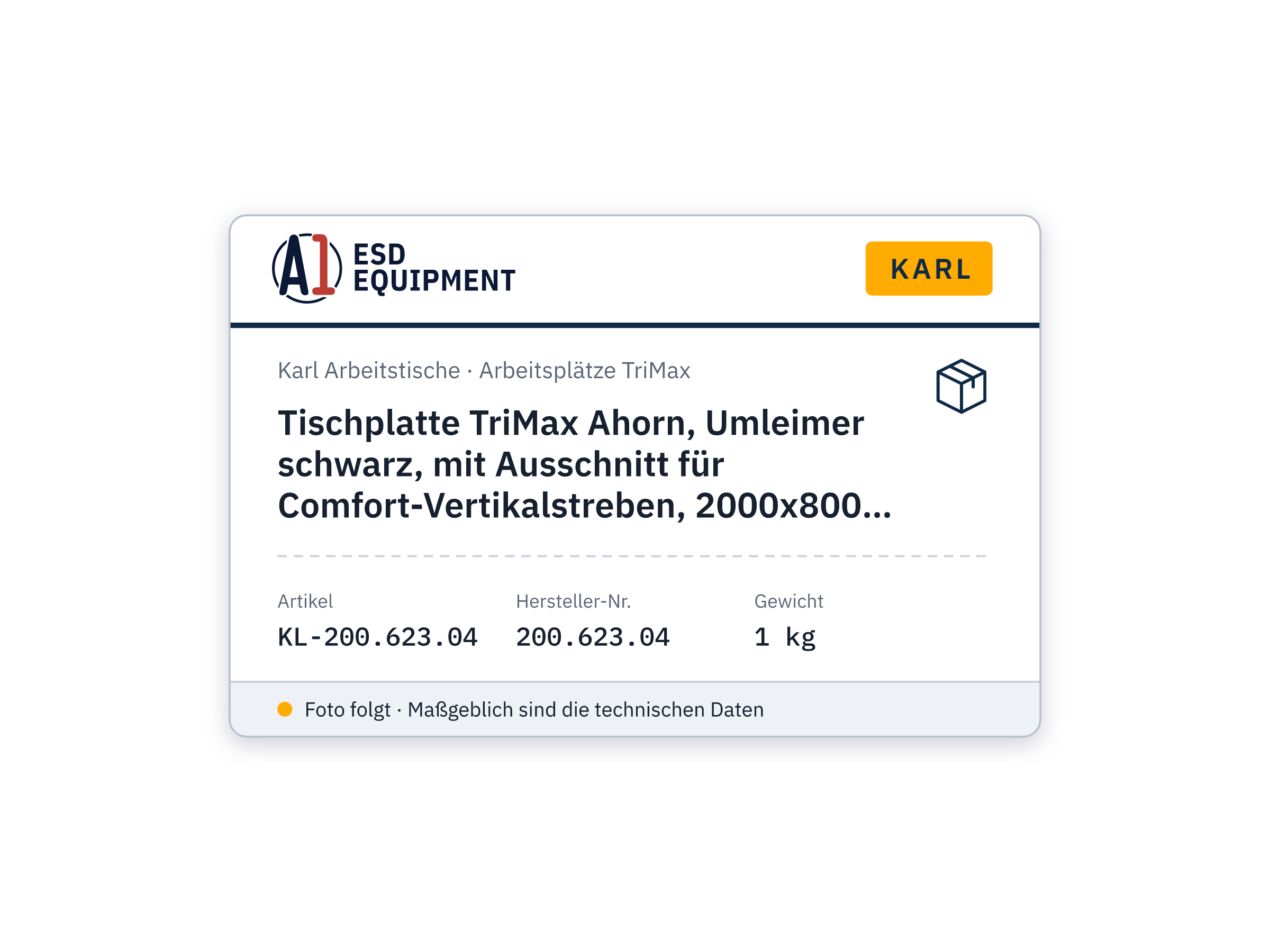 Tischplatte TriMax Ahorn, Umleimer schwarz, mit Ausschnitt für Comfort-Vertikalstreben, 2000x800 mm - Karl 200.623.04