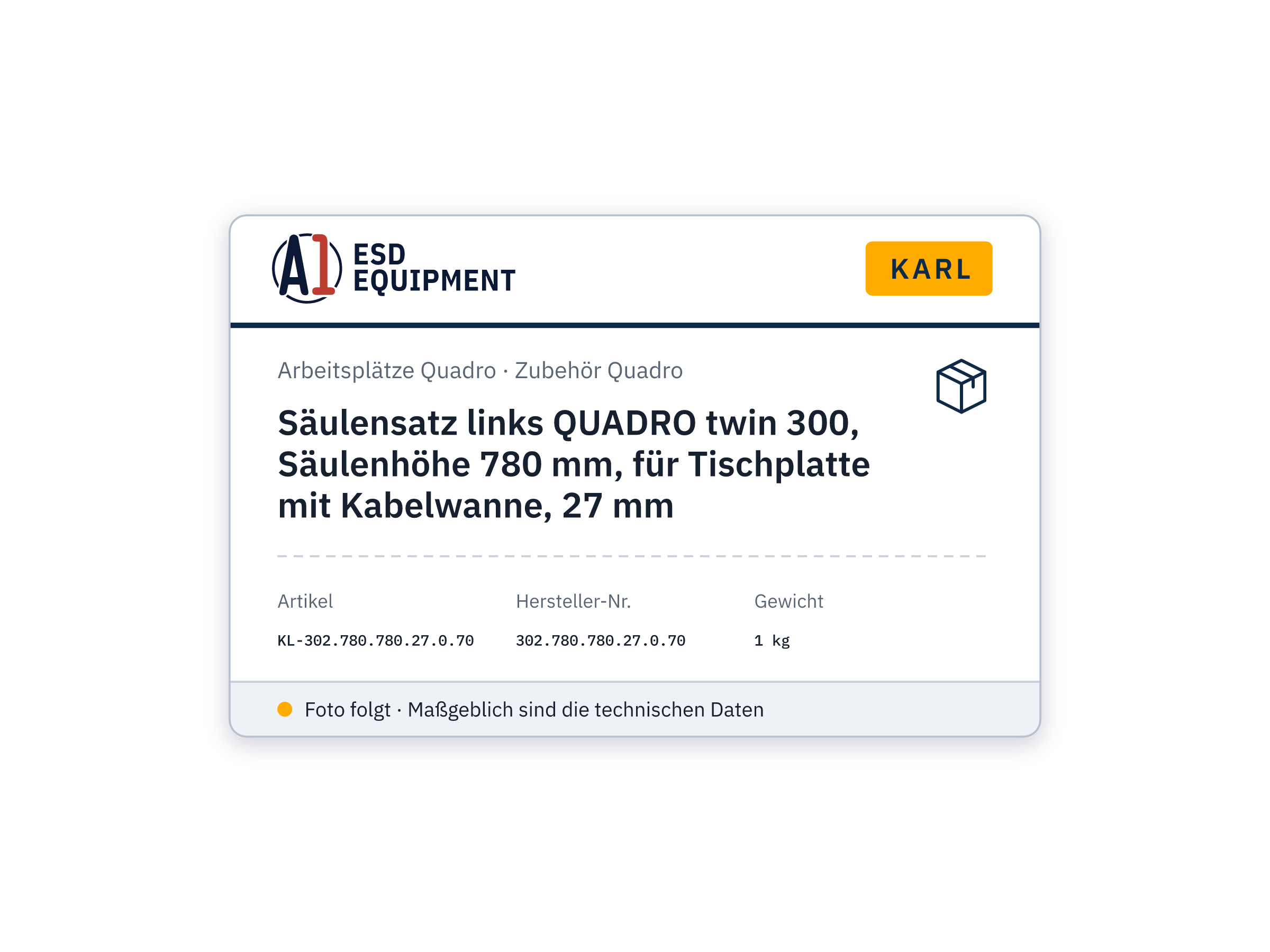 Säulensatz links QUADRO twin 300, Säulenhöhe 780 mm, für Tischplatte mit Kabelwanne, 27 mm - Karl 302.780.780.27.0.70