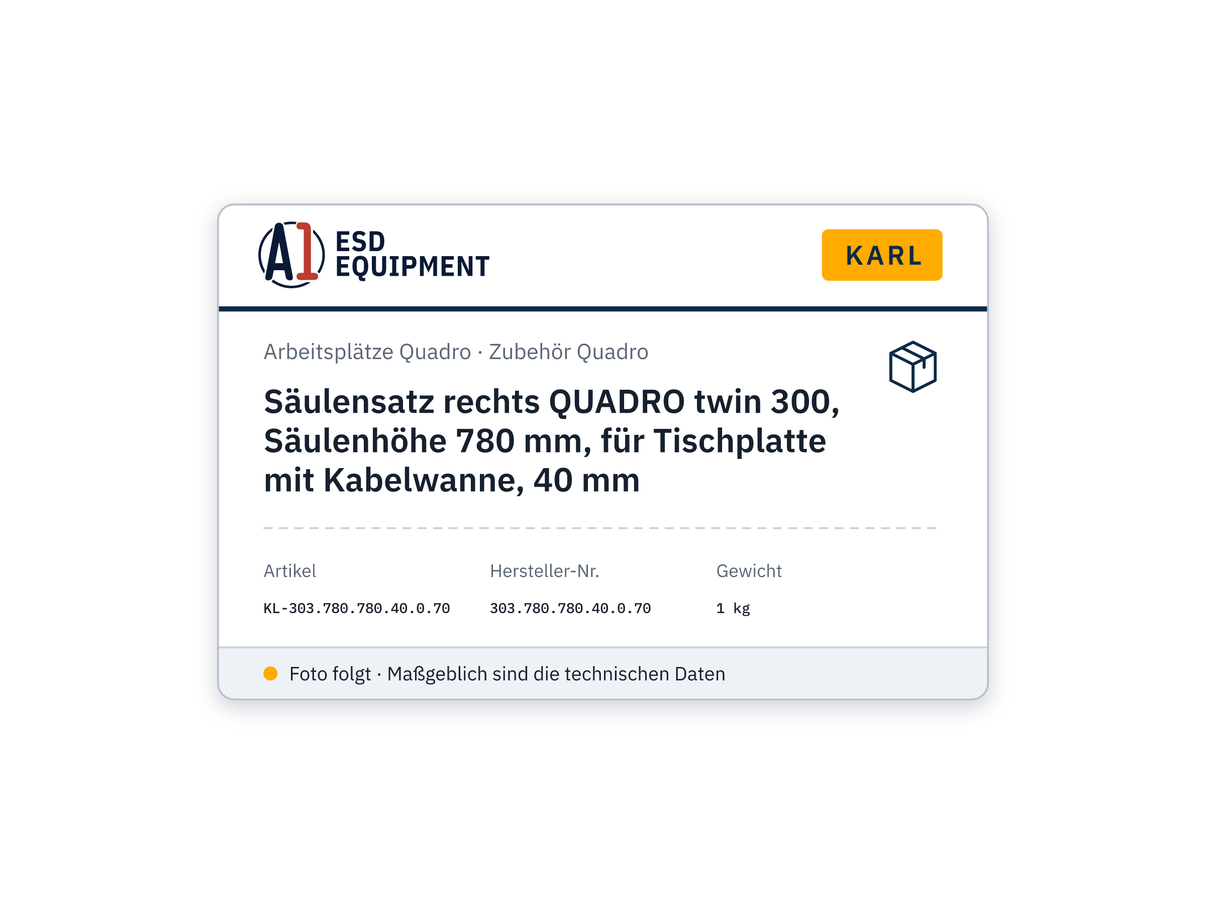 Säulensatz rechts QUADRO twin 300, Säulenhöhe 780 mm, für Tischplatte mit Kabelwanne, 40 mm - Karl 303.780.780.40.0.70