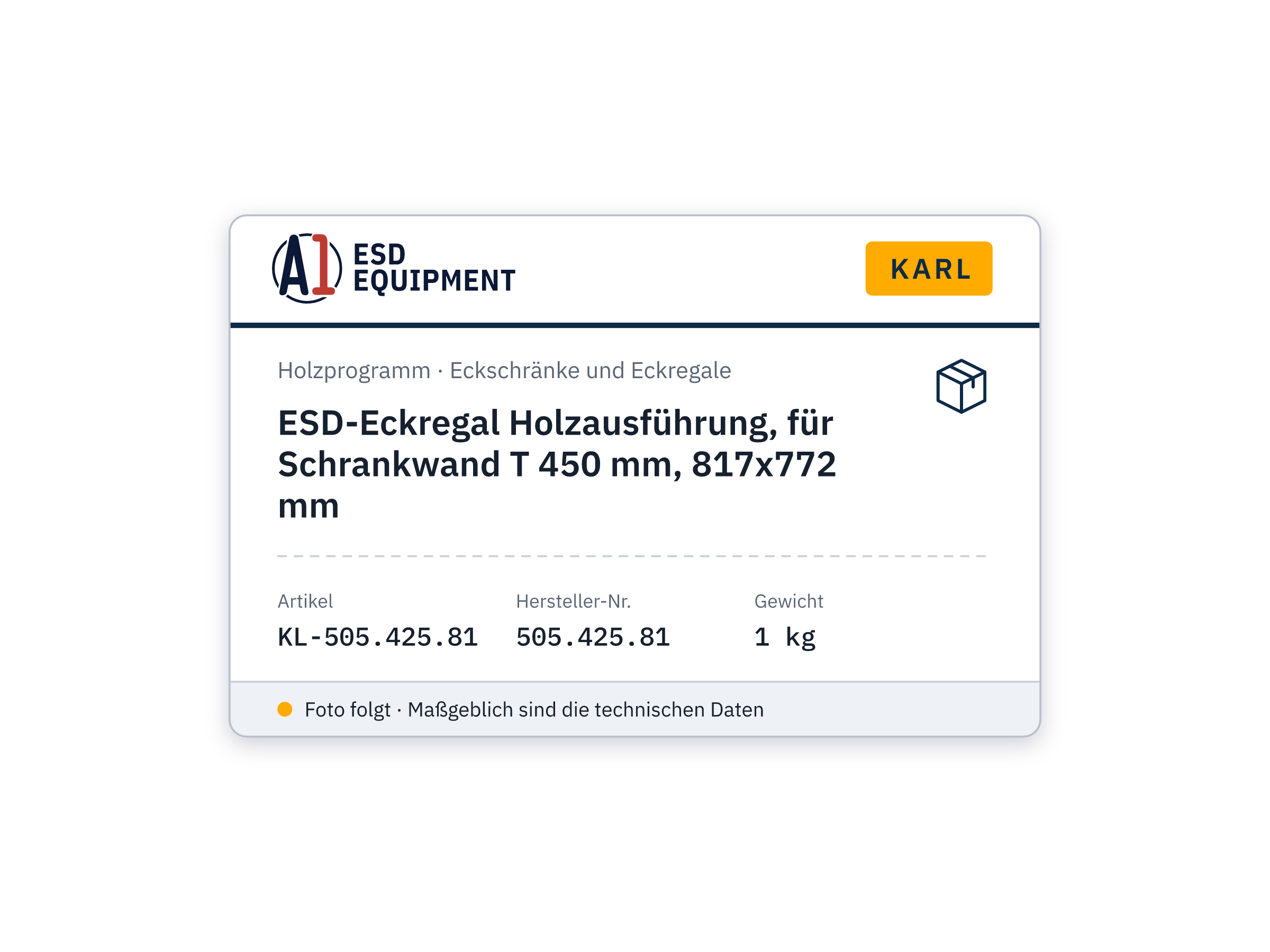 ESD-Eckregal Holzausführung, für Schrankwand T 450 mm, 817x772 mm - Karl 505.425.81