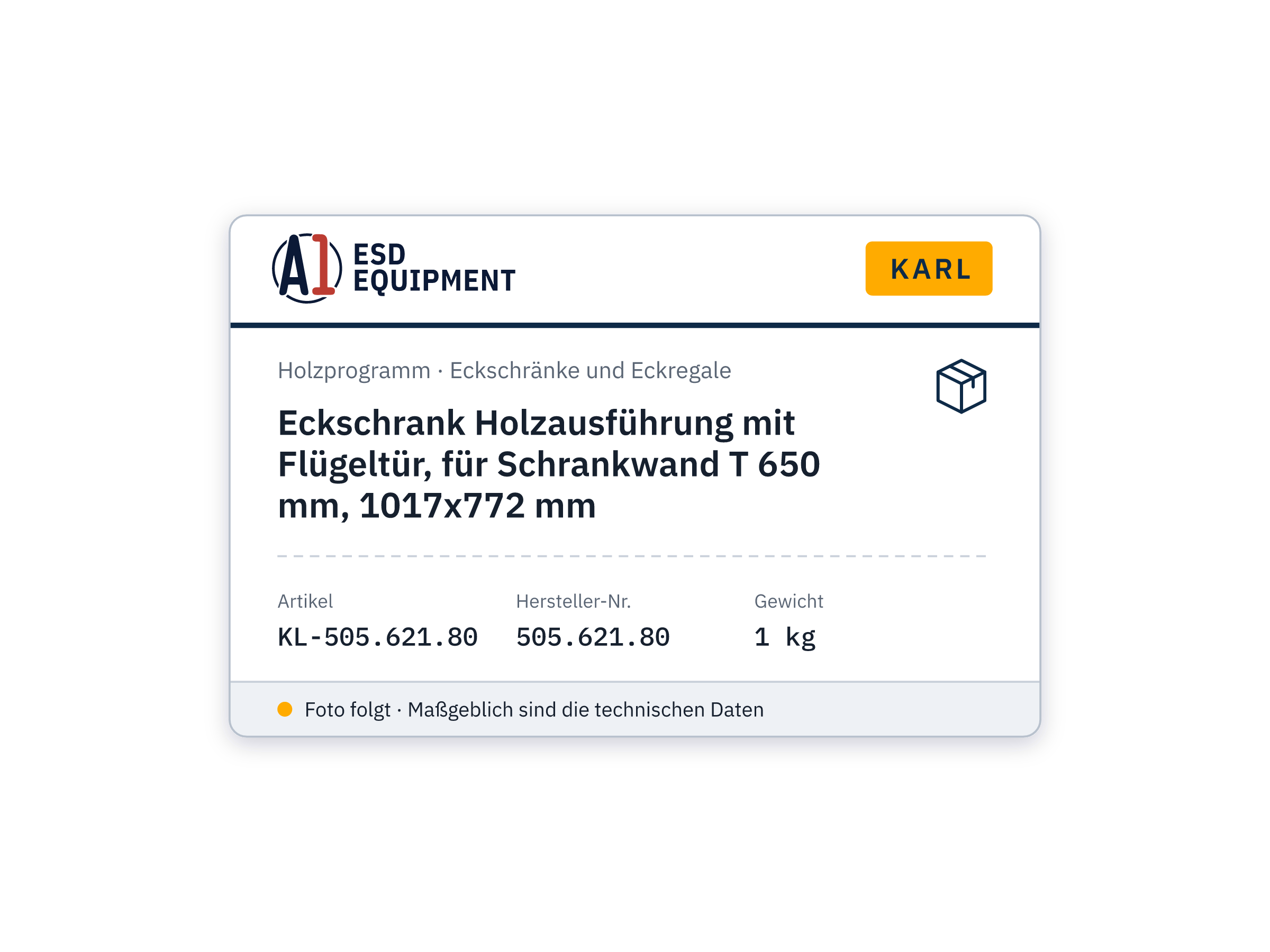 Eckschrank Holzausführung mit Flügeltür, für Schrankwand T 650 mm, 1017x772 mm - Karl 505.621.80