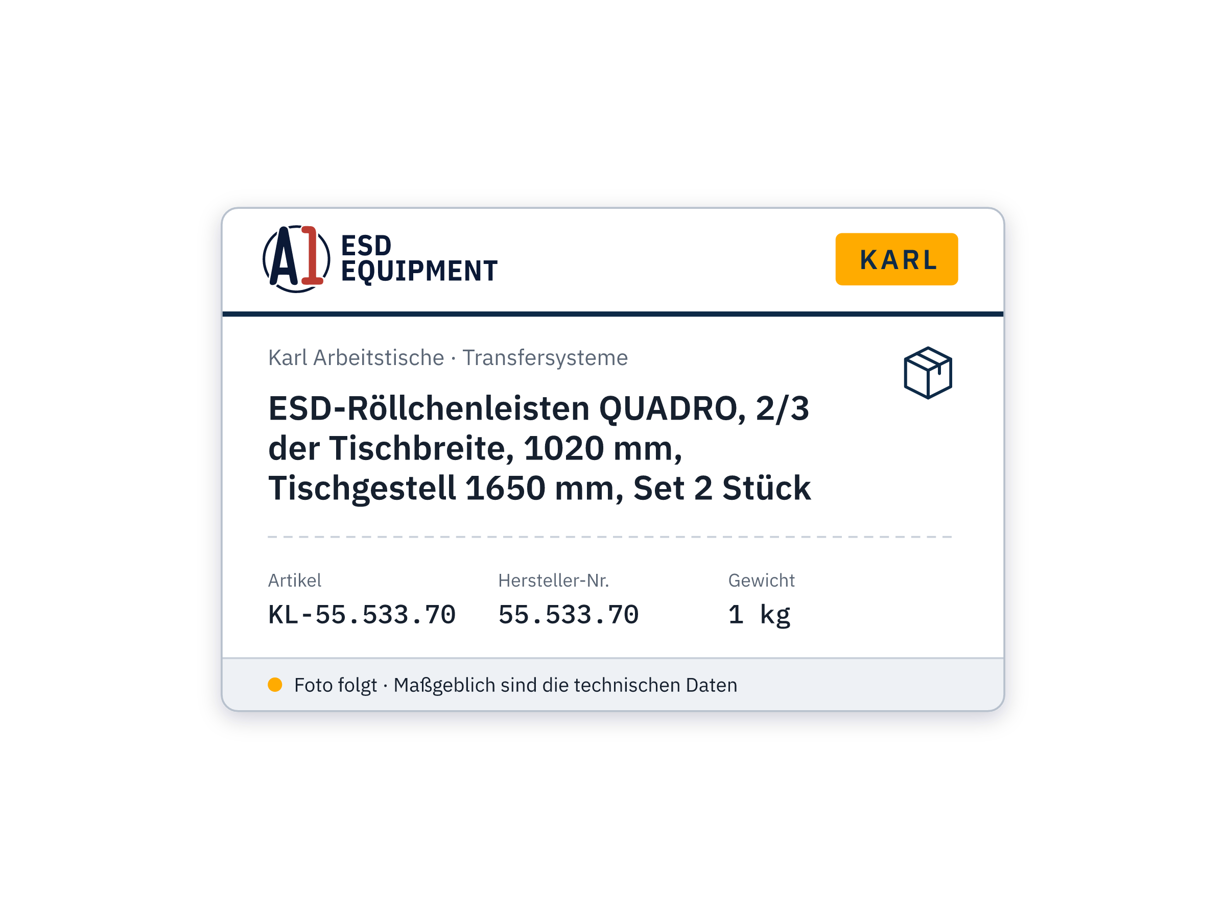 ESD-Röllchenleisten QUADRO, 2/3 der Tischbreite, 1020 mm, Tischgestell 1650 mm, Set 2 Stück - Karl 55.533.70