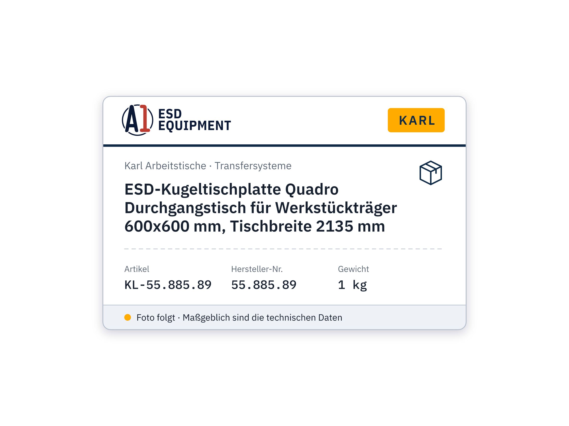 ESD-Kugeltischplatte Quadro Durchgangstisch für Werkstückträger 600x600 mm, Tischbreite 2135 mm - Karl 55.885.89