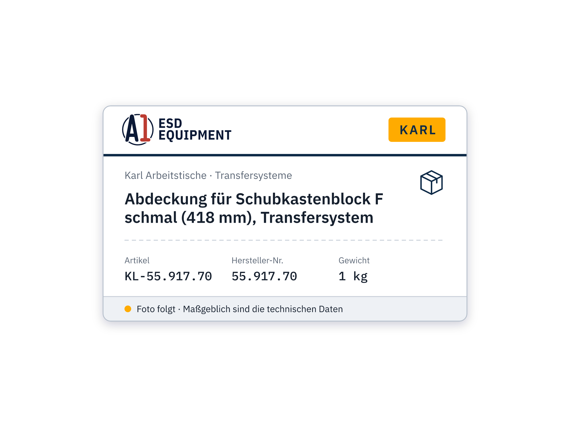 Abdeckung für Schubkastenblock F schmal (418 mm), Transfersystem - Karl 55.917.70
