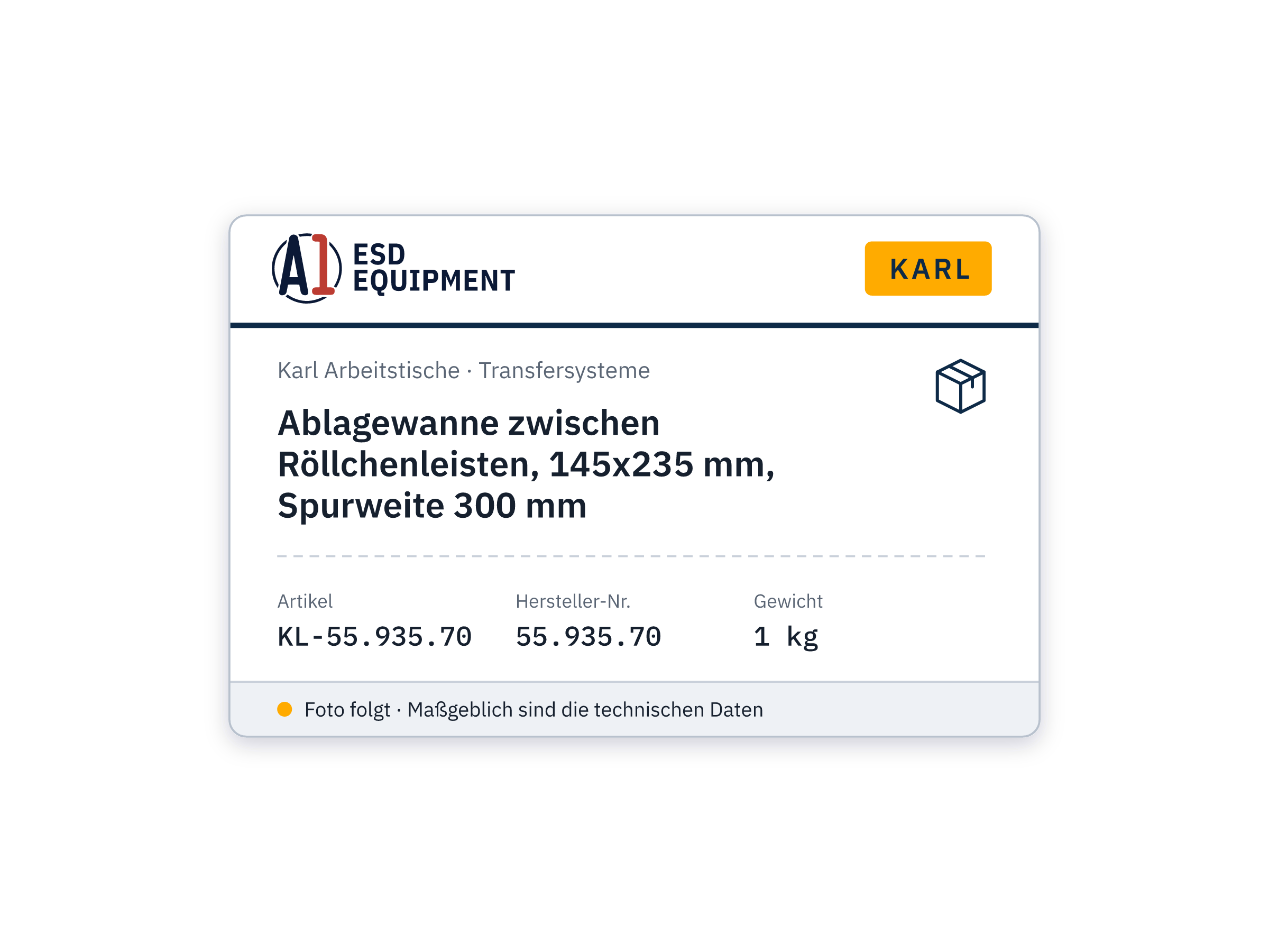 Ablagewanne zwischen Röllchenleisten, 145x235 mm, Spurweite 300 mm - Karl 55.935.70