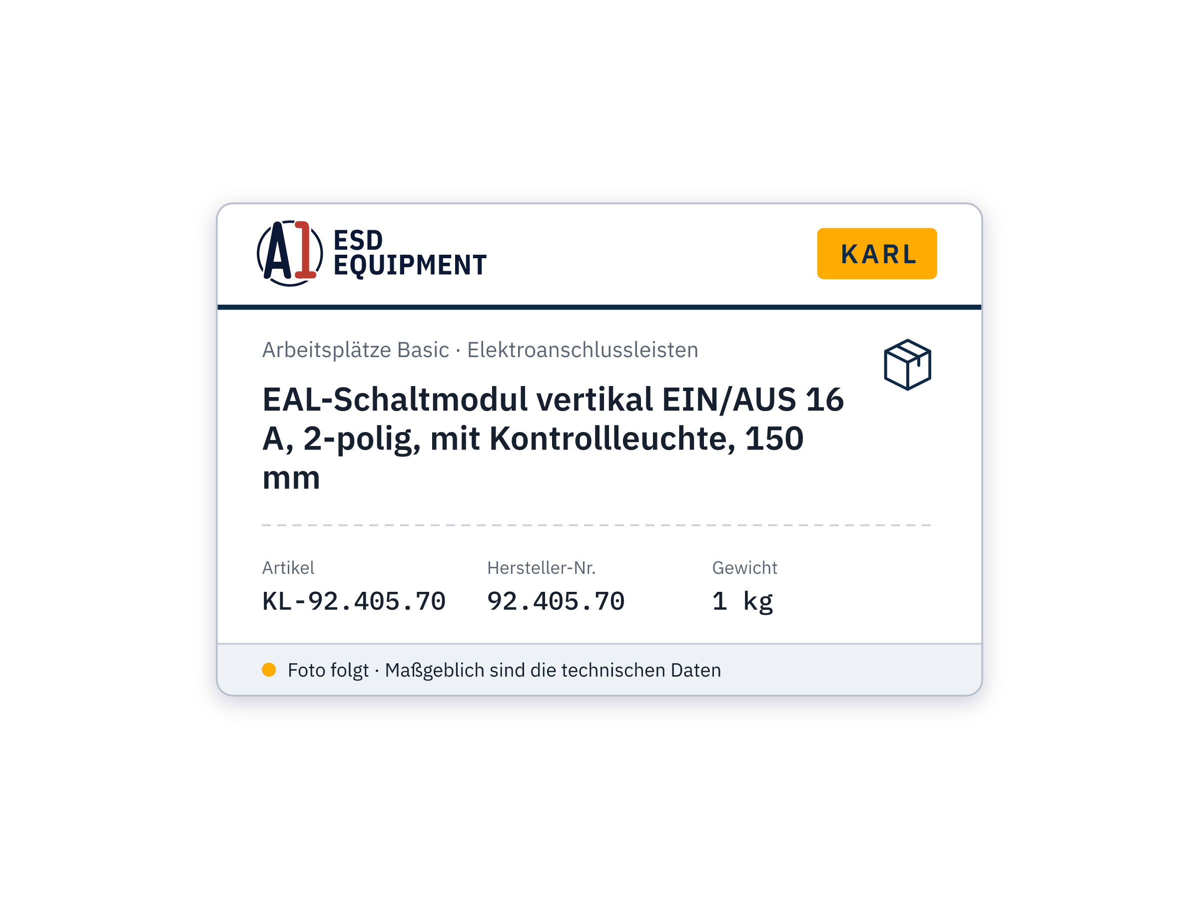 EAL-Schaltmodul vertikal EIN/AUS 16 A, 2-polig, mit Kontrollleuchte, 150 mm - Karl 92.405.70