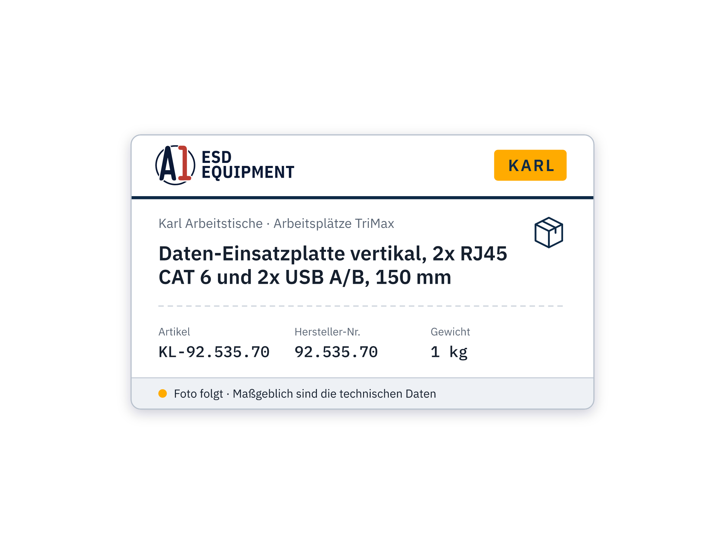 Daten-Einsatzplatte vertikal, 2x RJ45 CAT 6 und 2x USB A/B, 150 mm - Karl 92.535.70