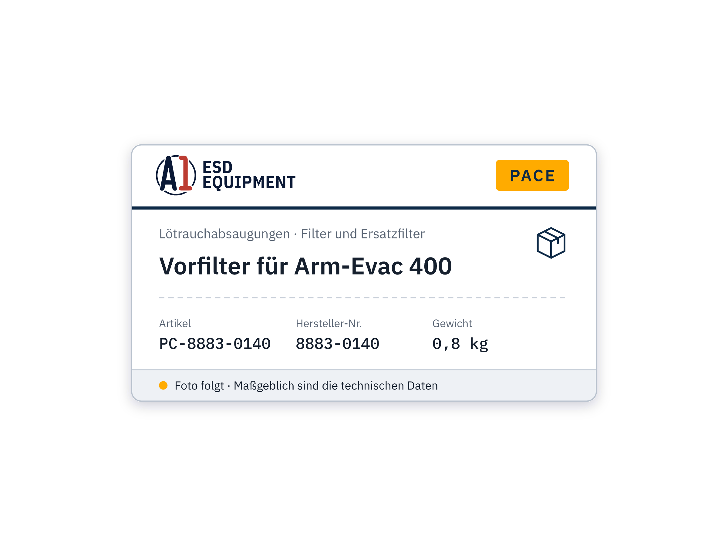 Vorfilter für Arm-Evac 400 - PACE 8883-0140