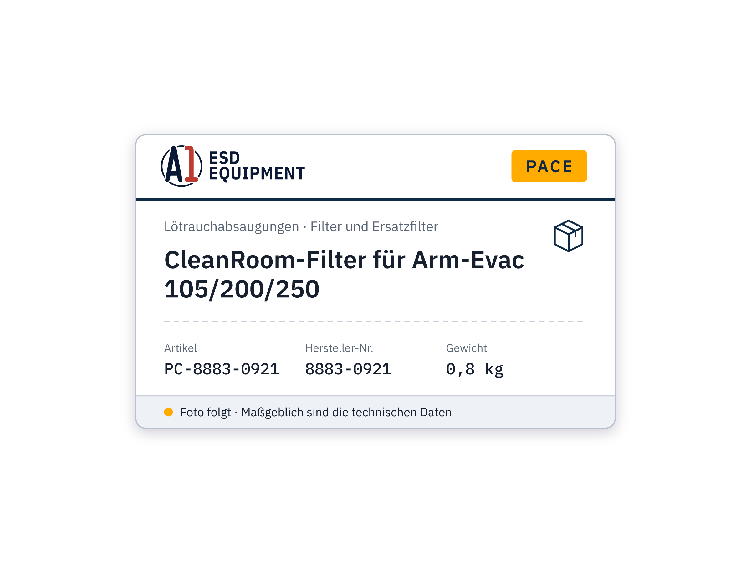 CleanRoom-Filter für Arm-Evac 105/200/250 - PACE 8883-0921