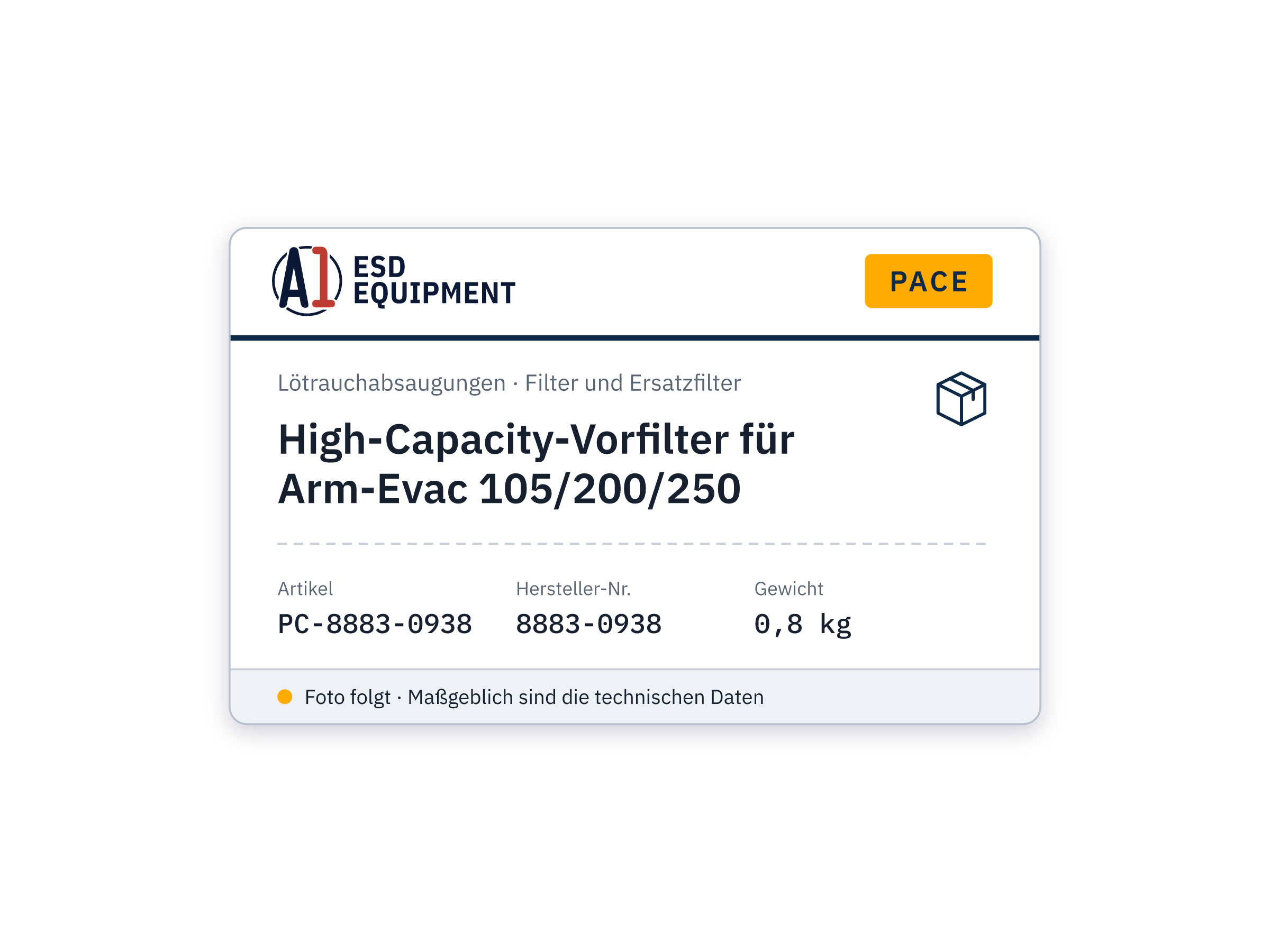 High-Capacity-Vorfilter für Arm-Evac 105/200/250 - PACE 8883-0938