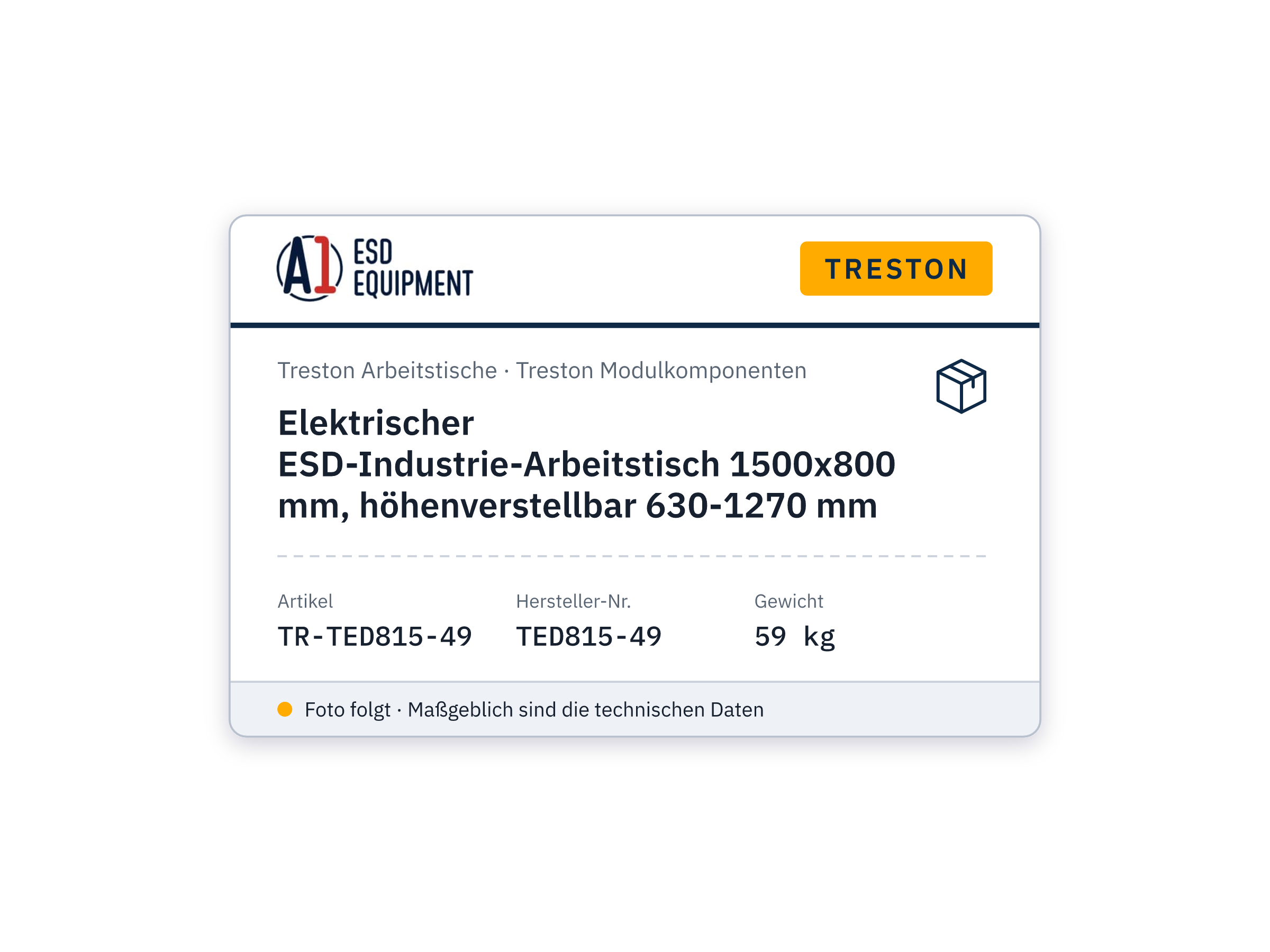 Établi industriel électrique ESD 1500x800 mm, réglable en hauteur 630-1270 mm - Treston TED815-49